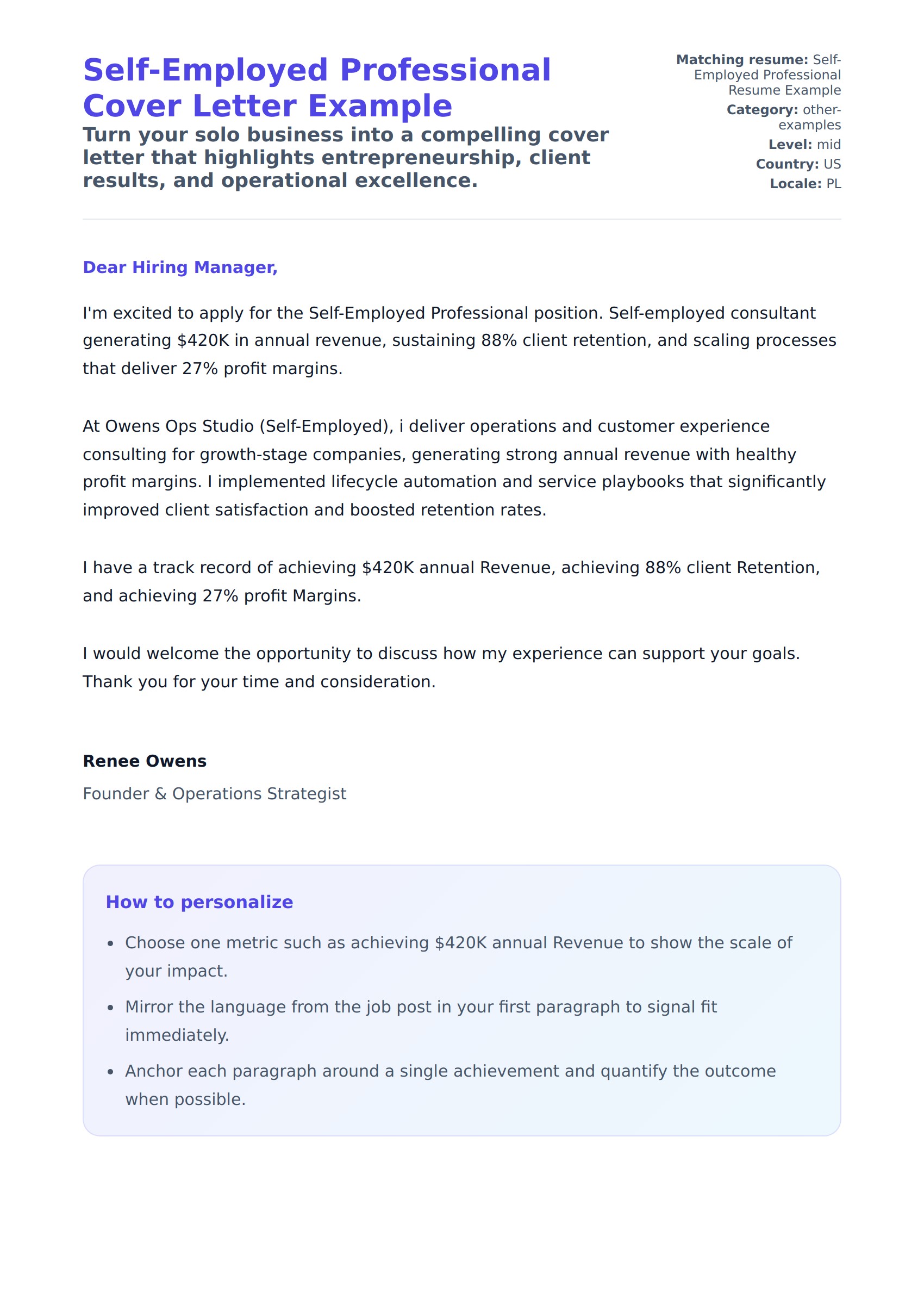 Cover Letter preview for Self-Employed Professional Cover Letter Example