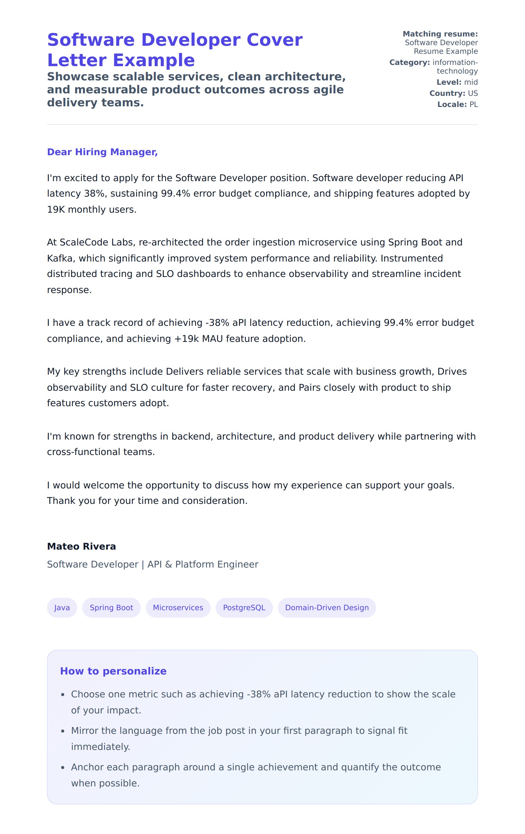 Cover Letter preview for Software Developer Cover Letter Example
