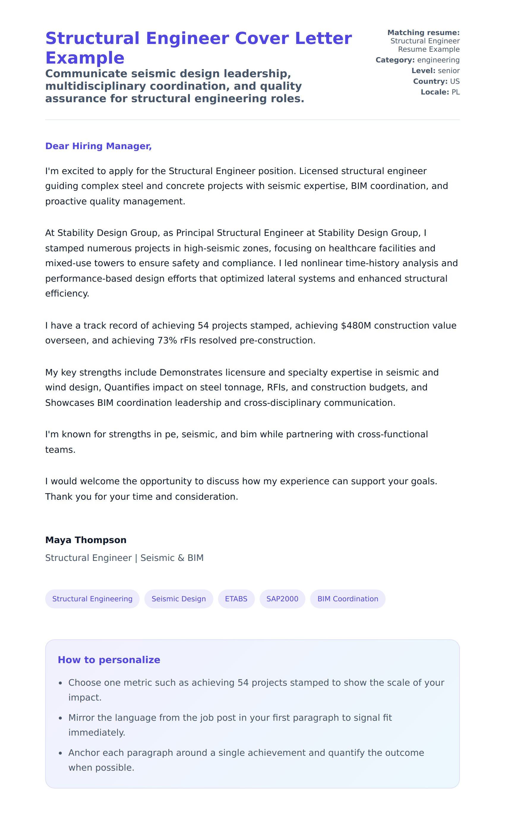 Cover Letter preview for Structural Engineer Cover Letter Example