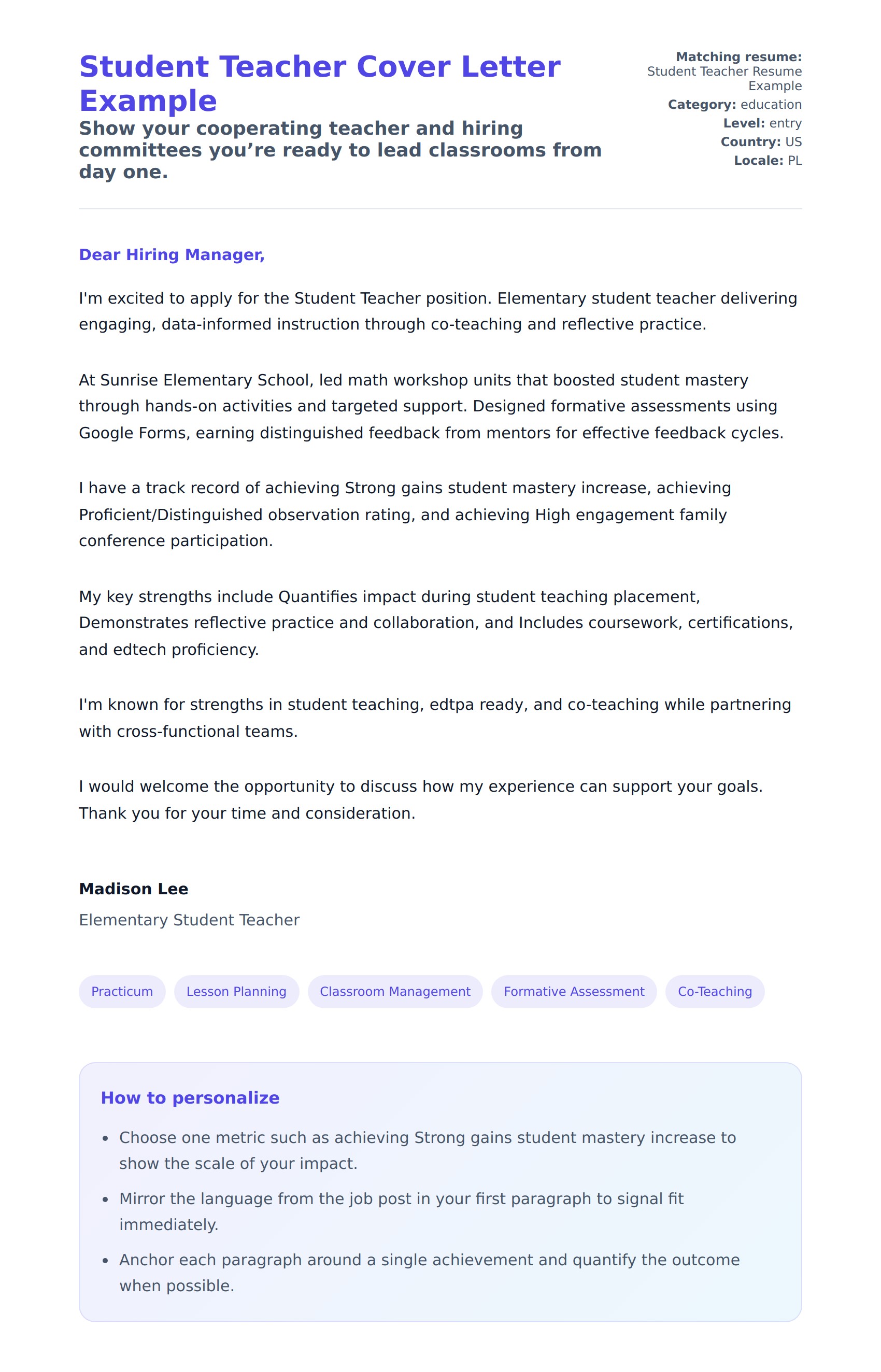 Cover Letter preview for Student Teacher Cover Letter Example