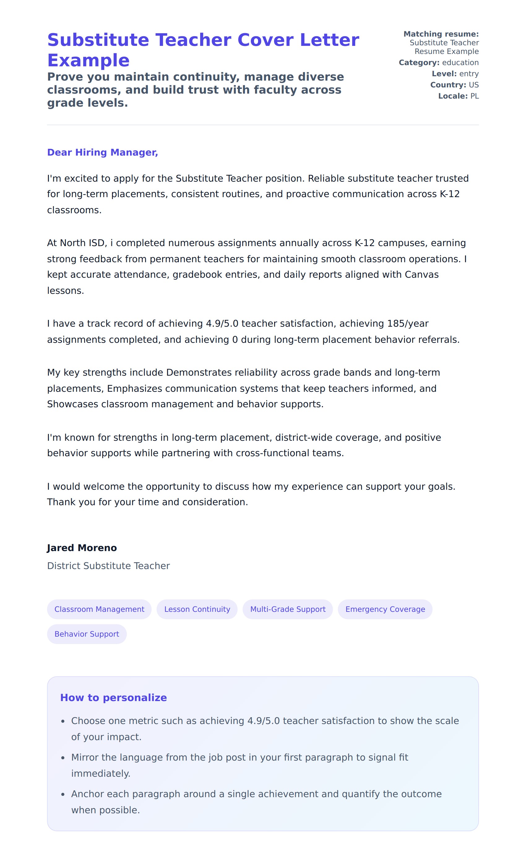 Cover Letter preview for Substitute Teacher Cover Letter Example