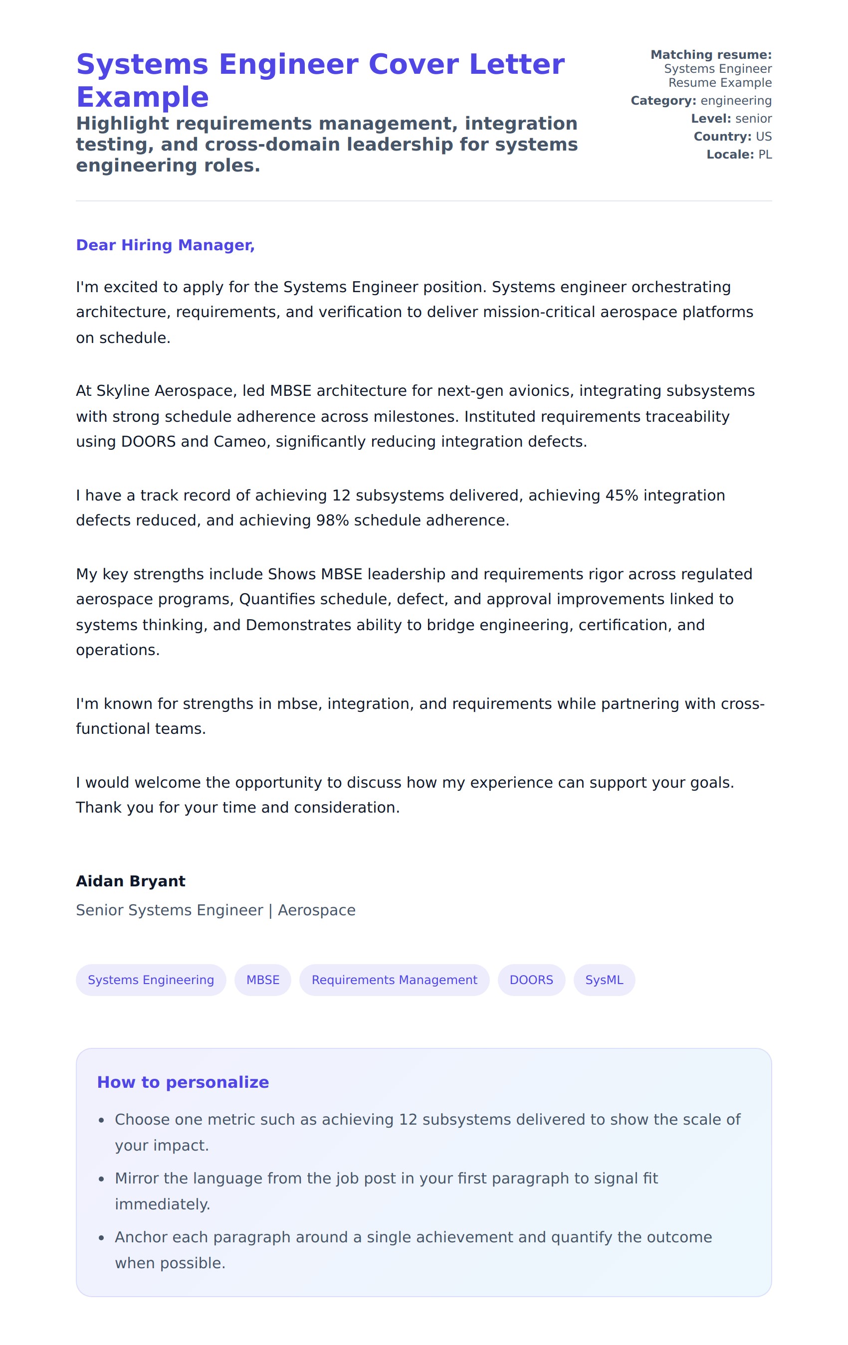 Cover Letter preview for Systems Engineer Cover Letter Example