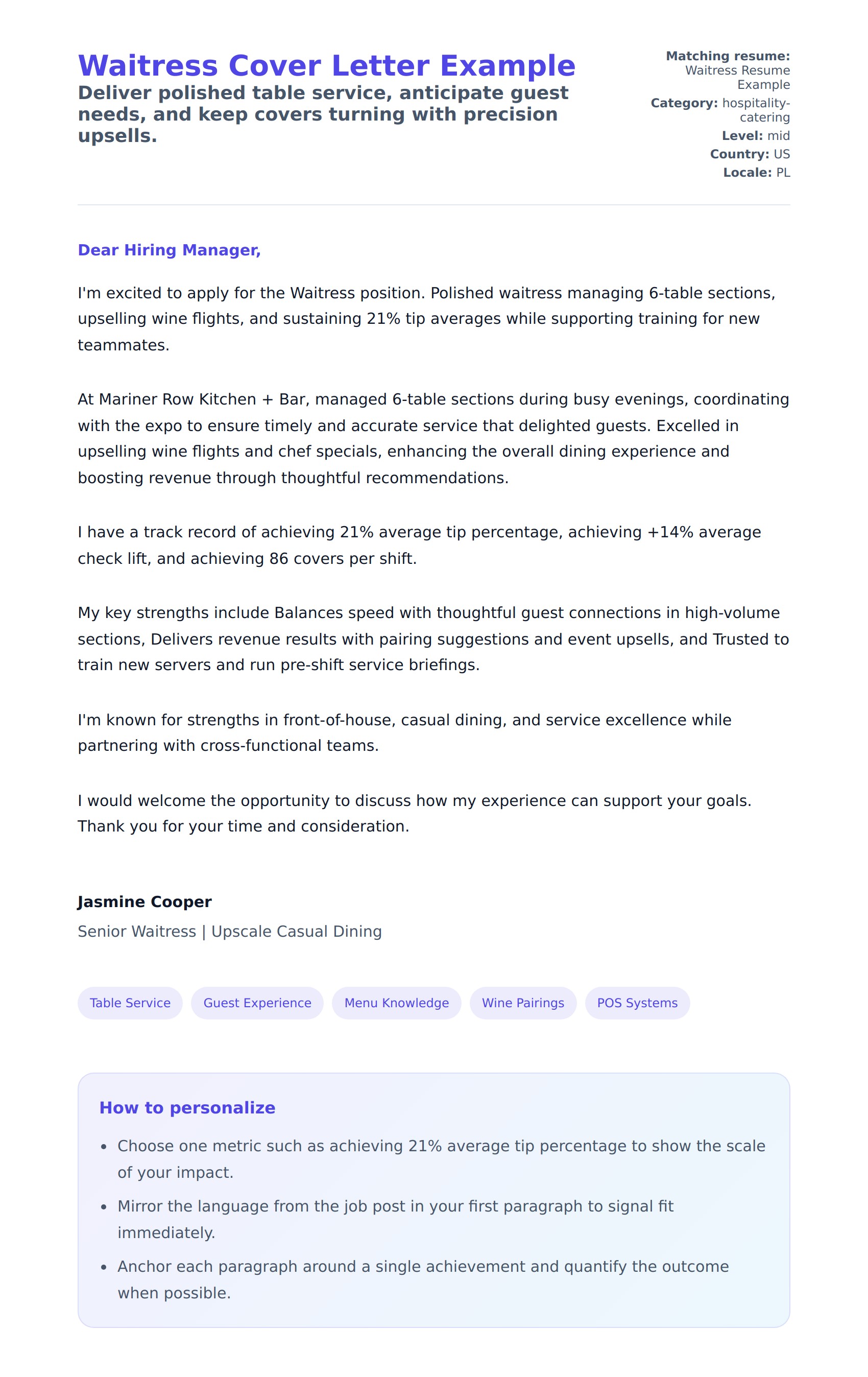 Cover Letter preview for Waitress Cover Letter Example