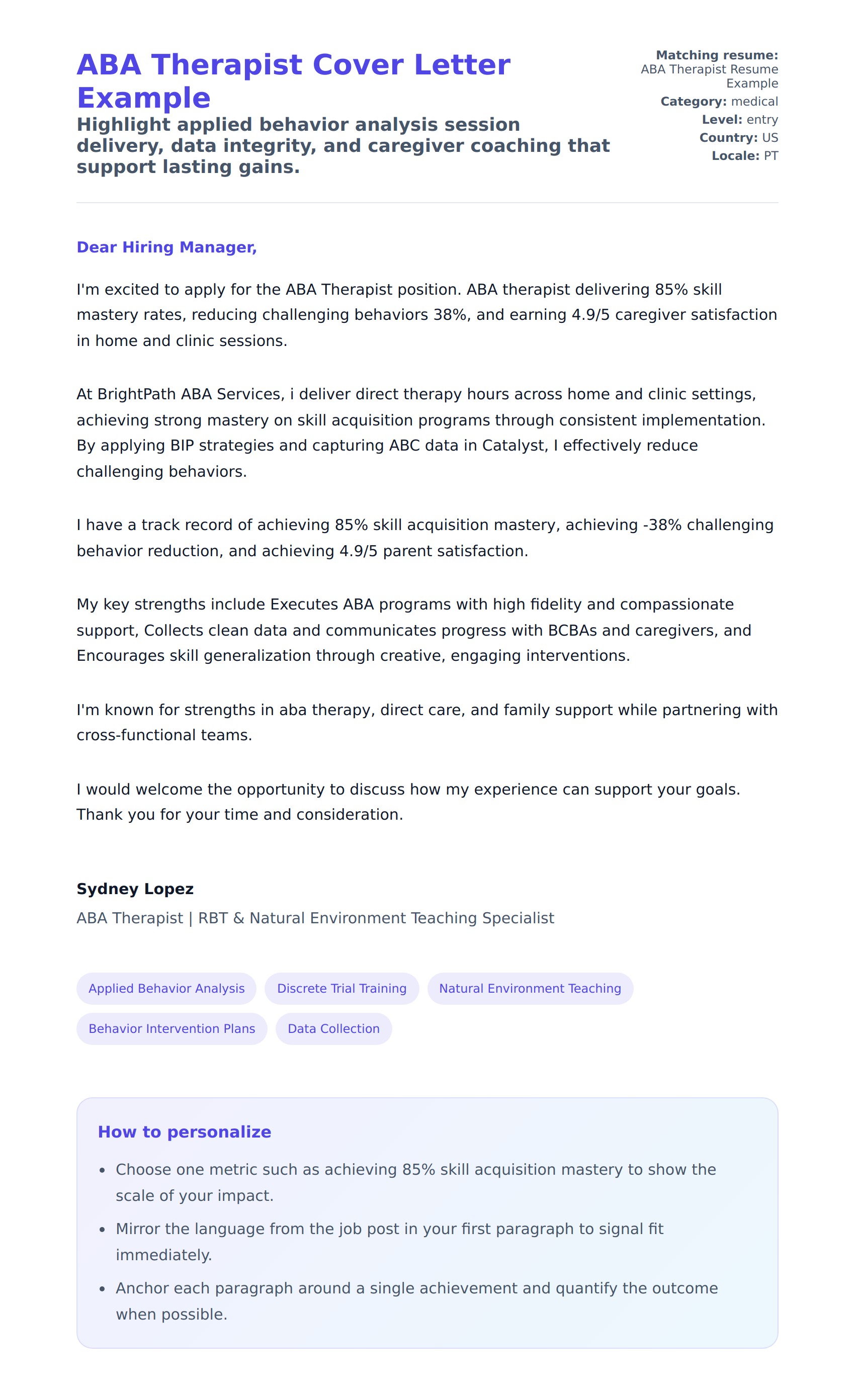 Cover Letter preview for ABA Therapist Cover Letter Example