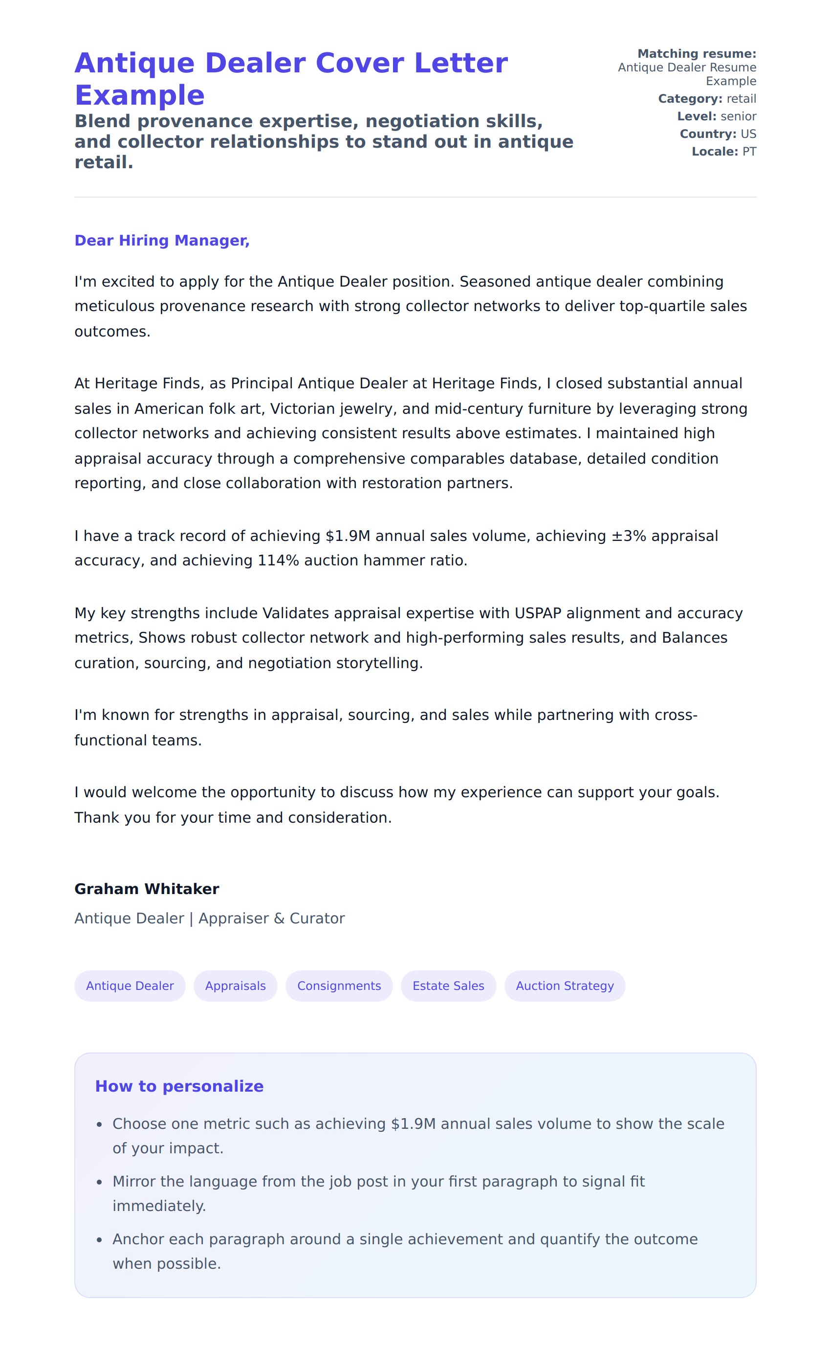 Cover Letter preview for Antique Dealer Cover Letter Example