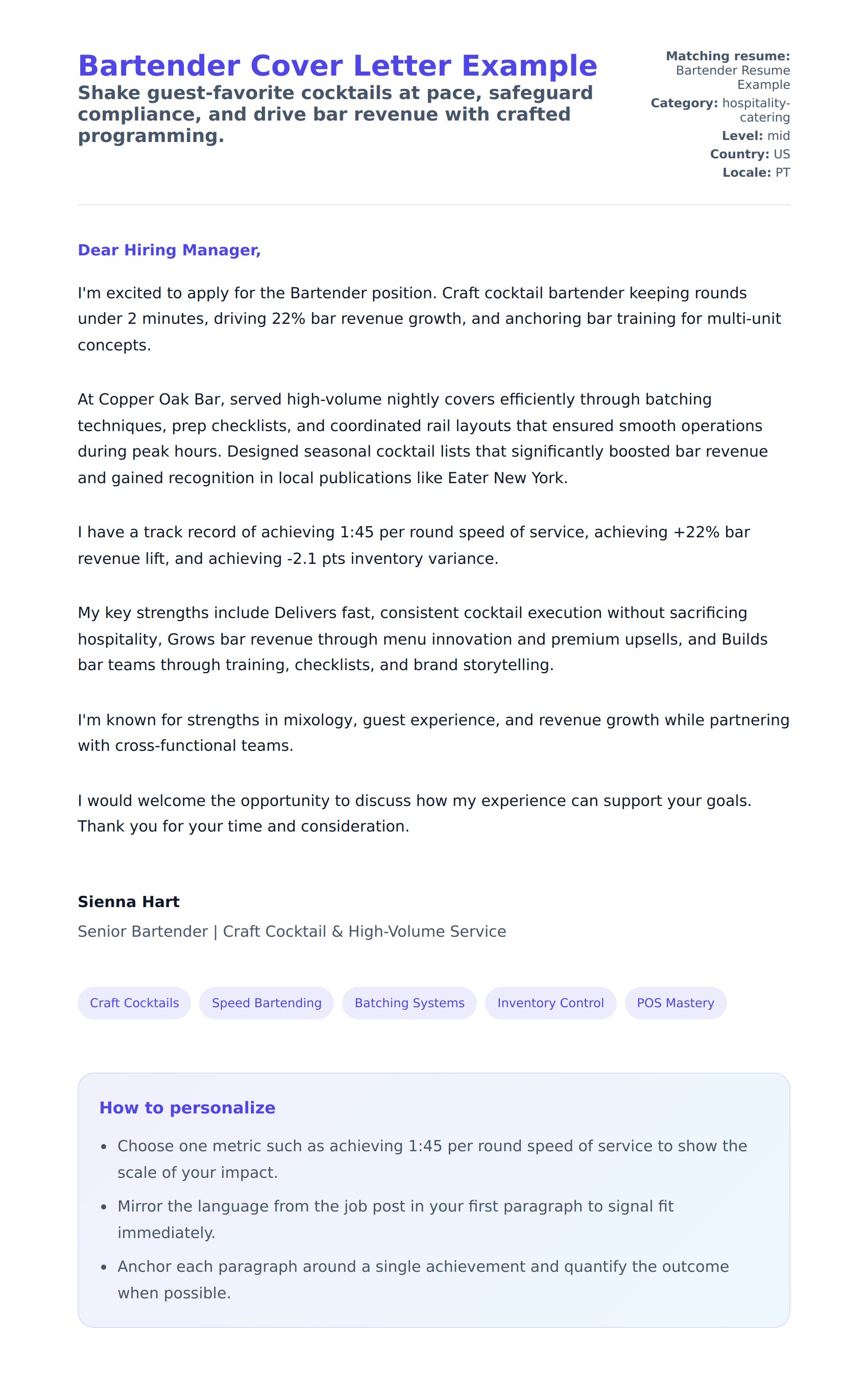 Cover Letter preview for Bartender Cover Letter Example