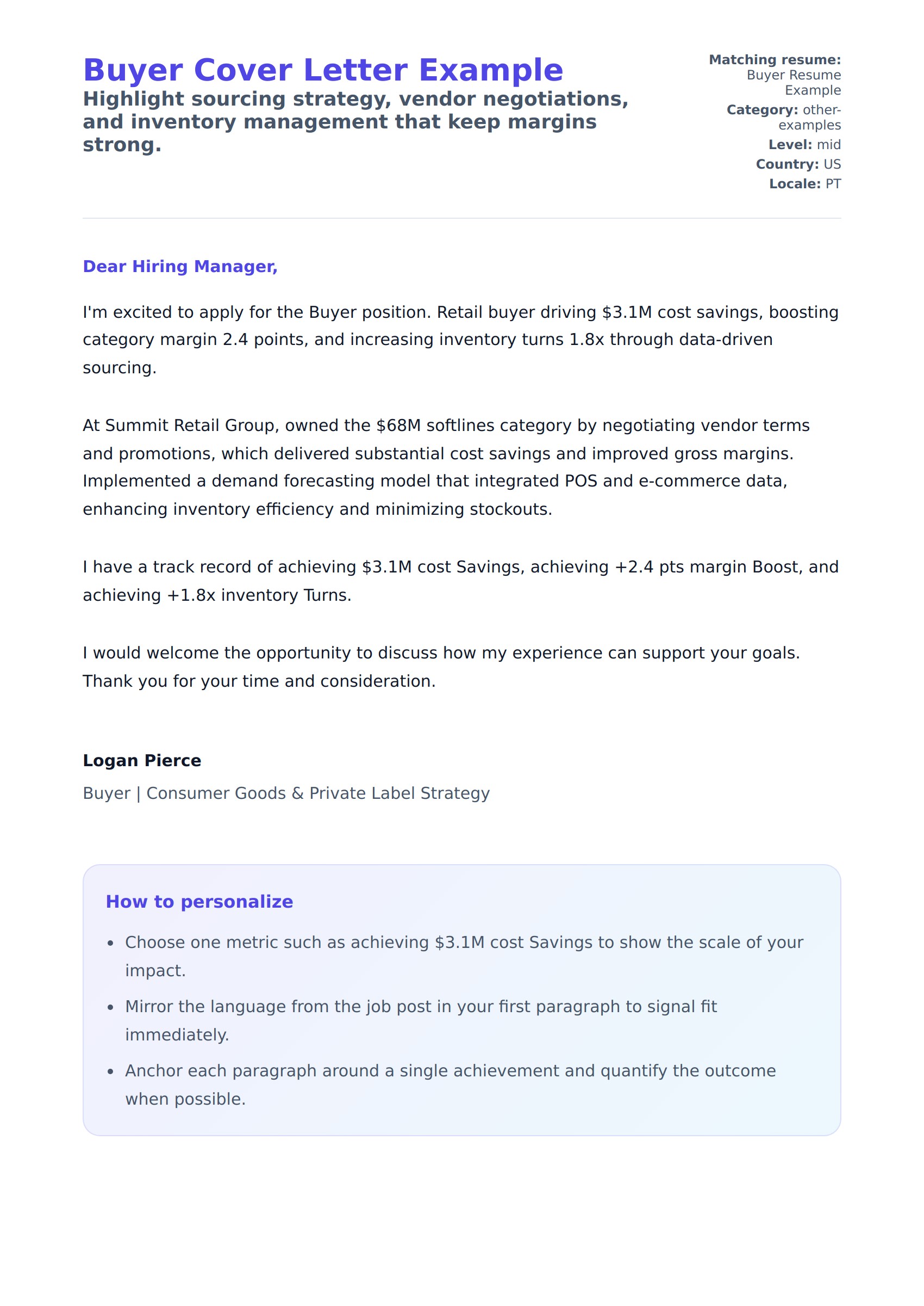 Cover Letter preview for Buyer Cover Letter Example