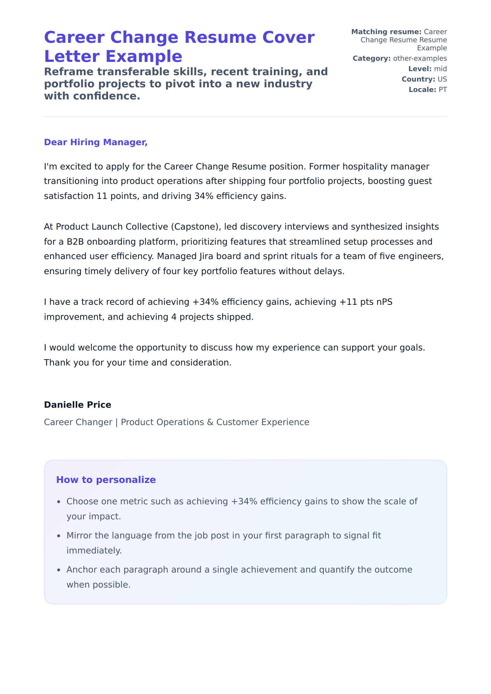 Cover Letter preview for Career Change Resume Cover Letter Example
