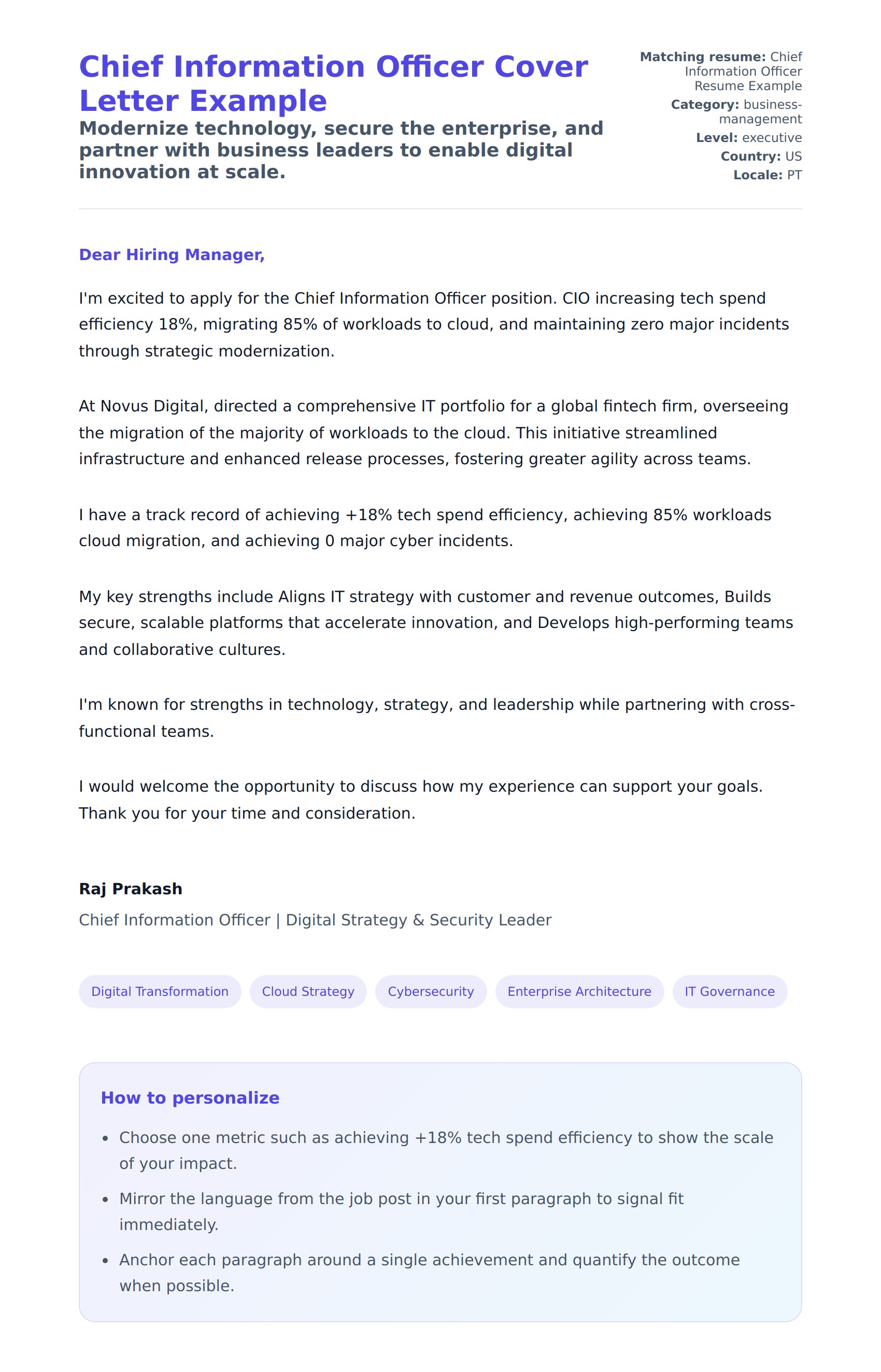 Cover Letter preview for Chief Information Officer Cover Letter Example