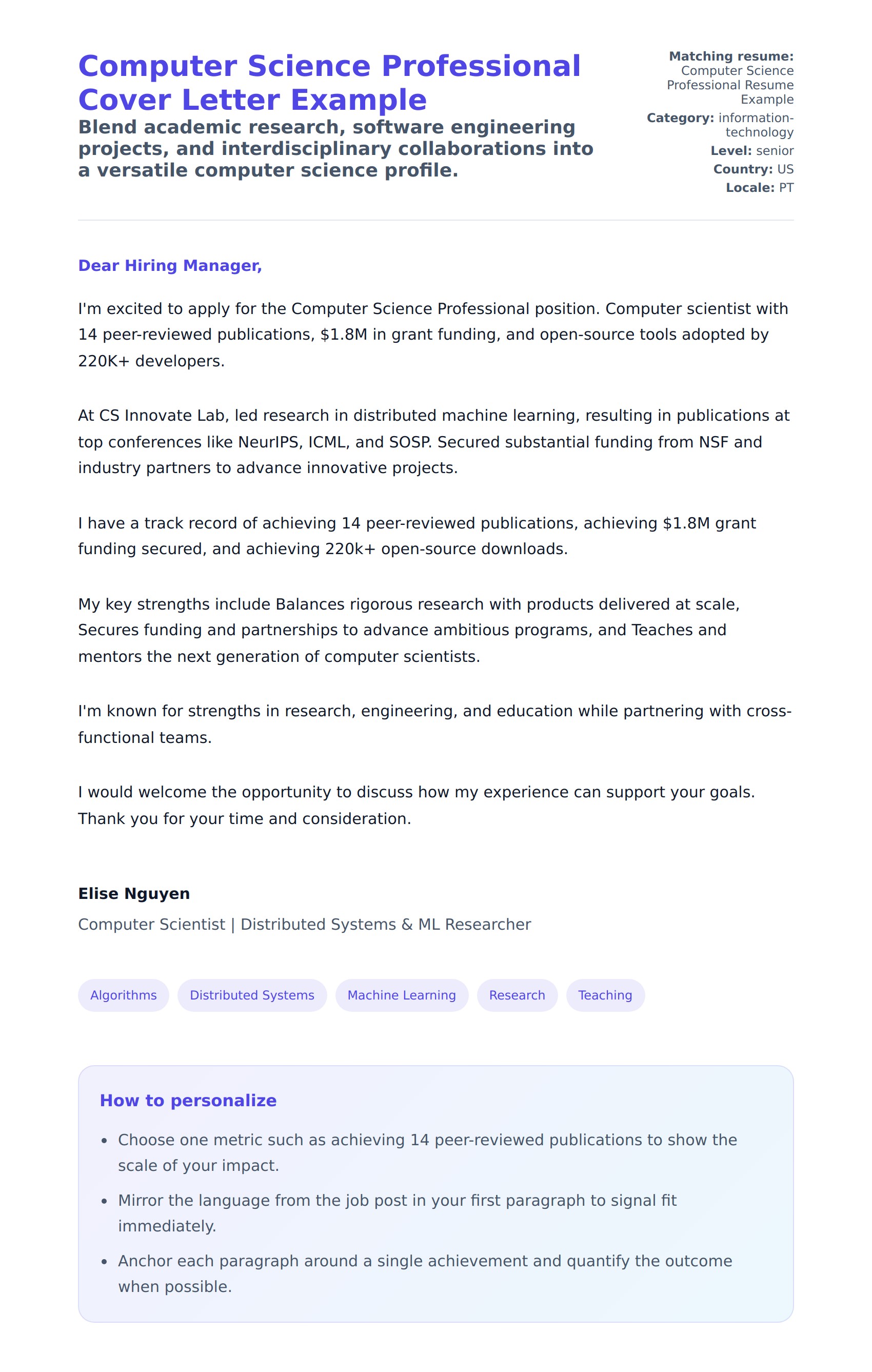 Cover Letter preview for Computer Science Professional Cover Letter Example