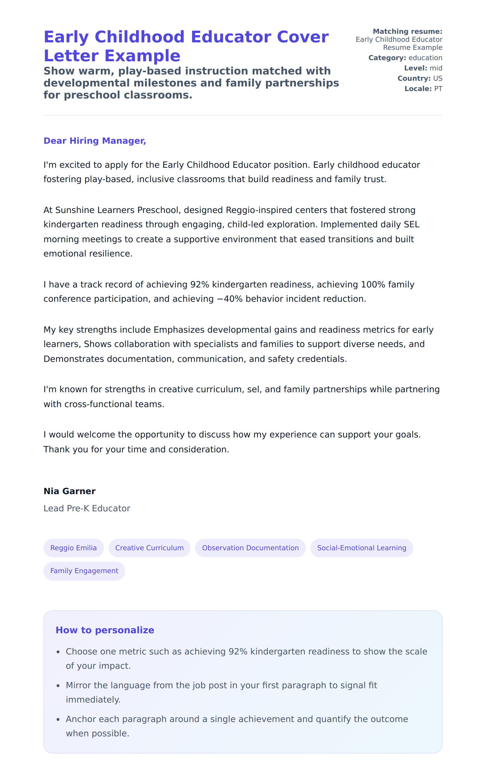 Cover Letter preview for Early Childhood Educator Cover Letter Example
