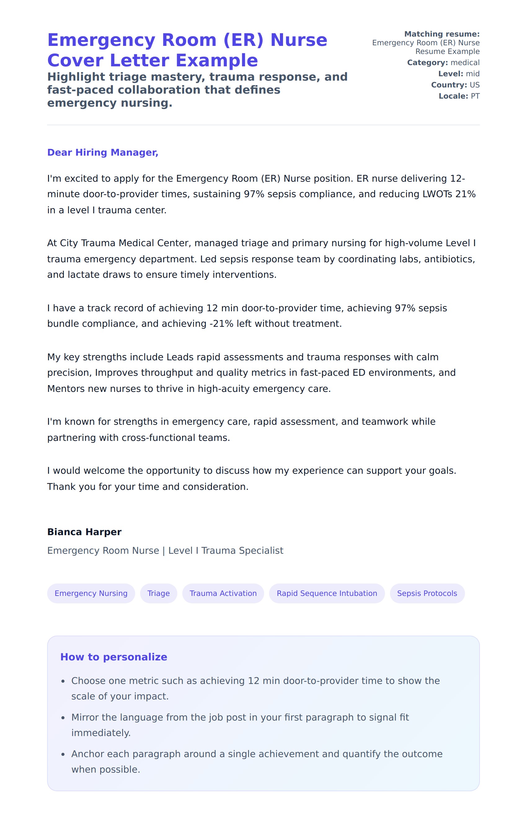 Cover Letter preview for Emergency Room (ER) Nurse Cover Letter Example