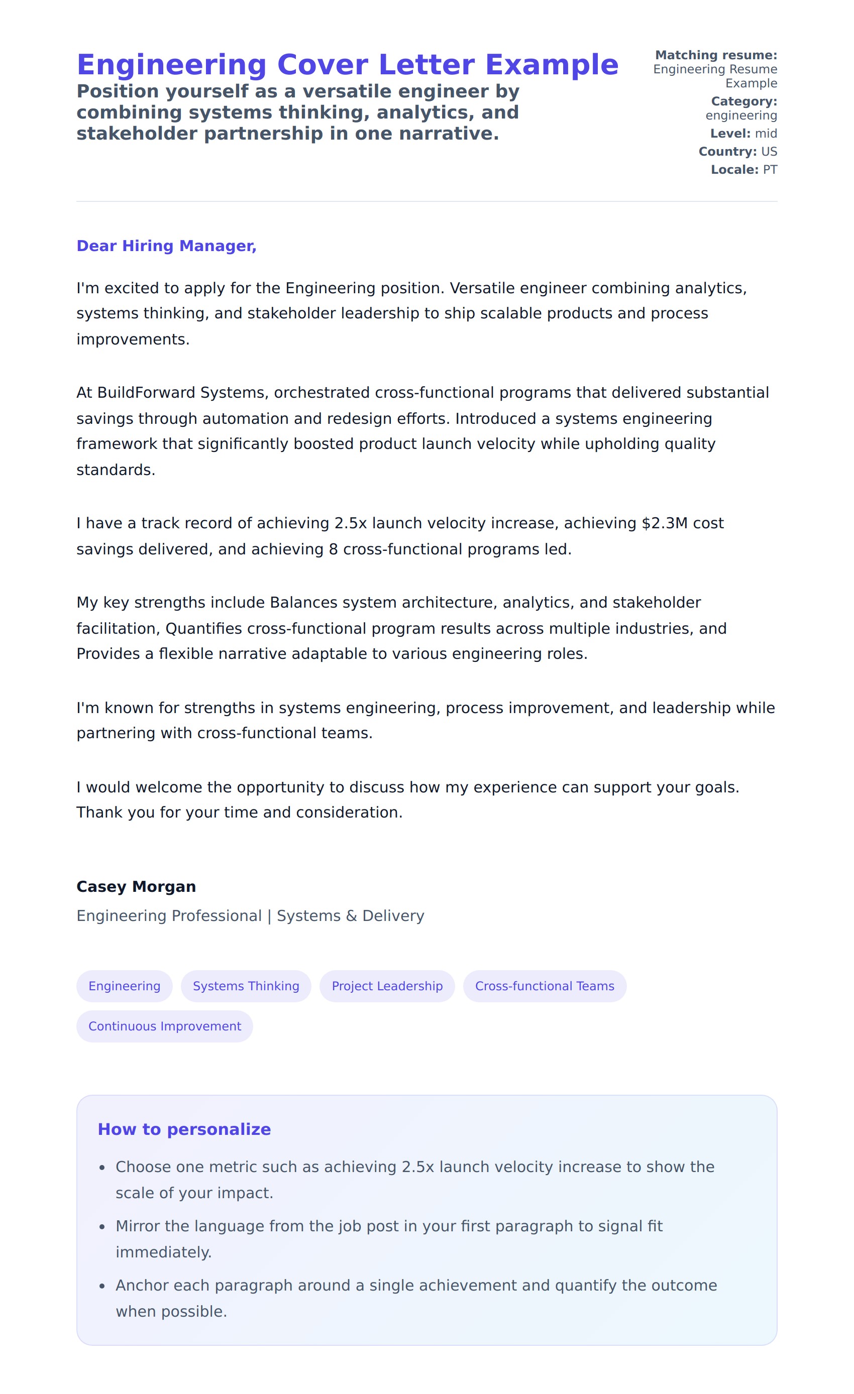 Cover Letter preview for Engineering Cover Letter Example