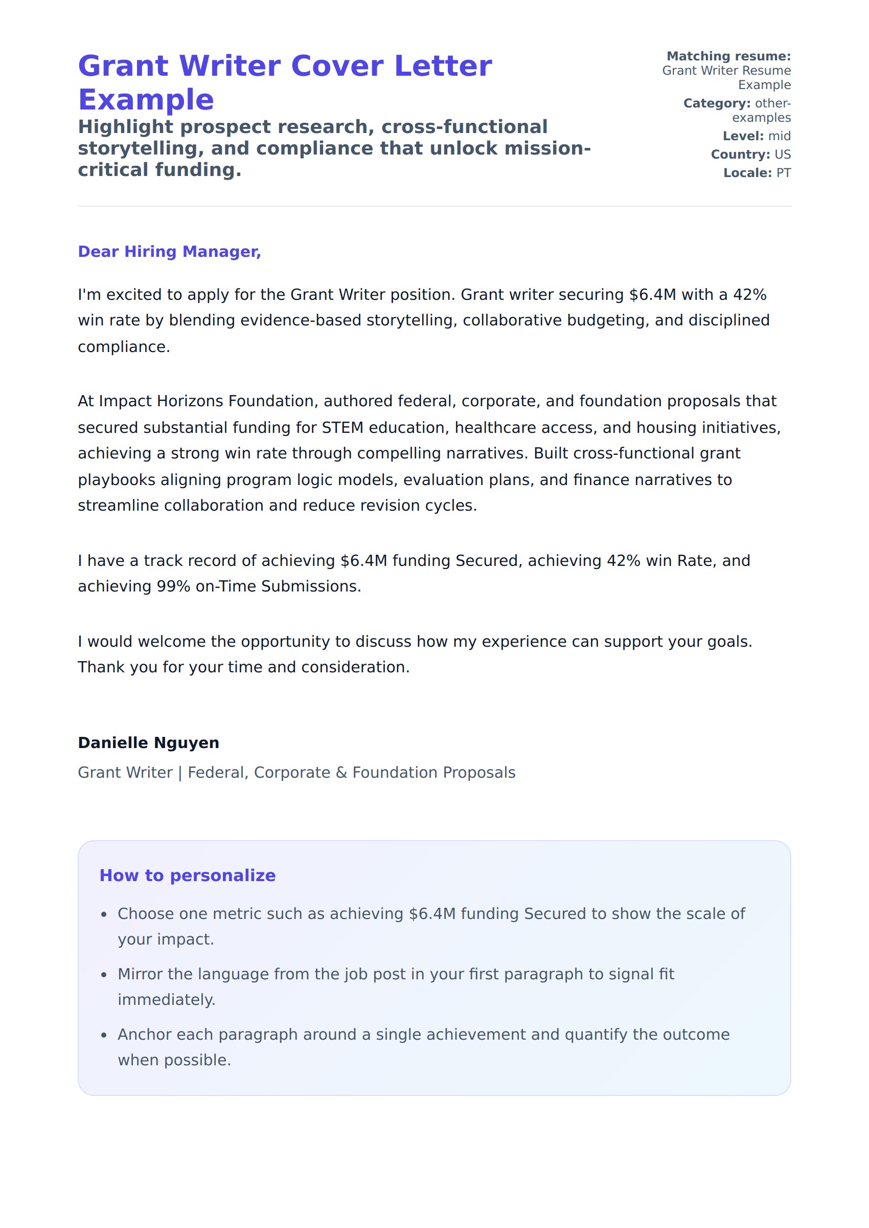 Cover Letter preview for Grant Writer Cover Letter Example