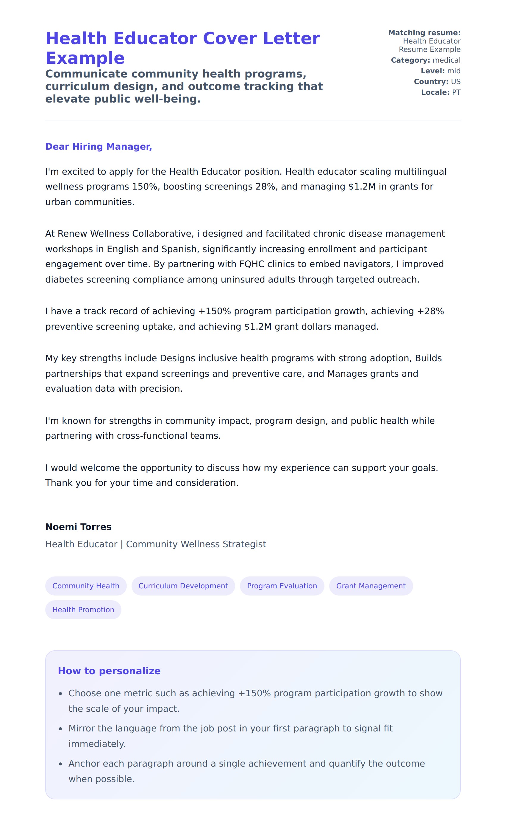 Cover Letter preview for Health Educator Cover Letter Example
