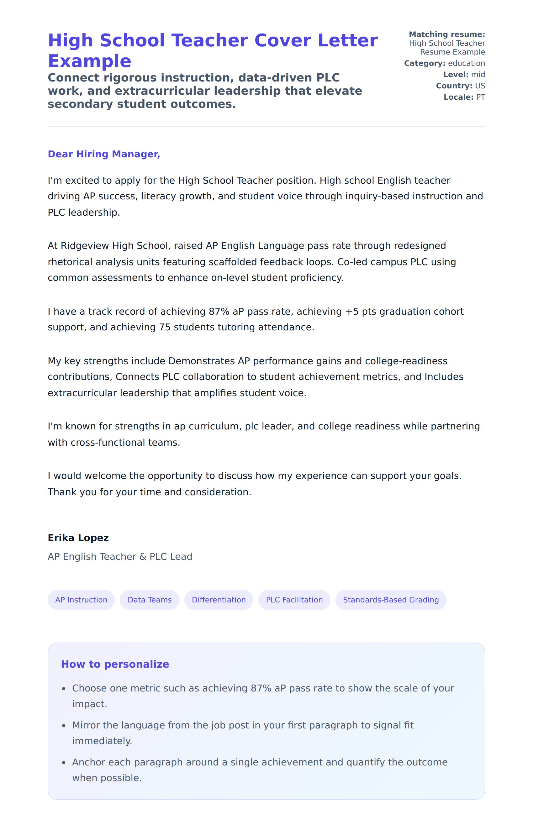 Cover Letter preview for High School Teacher Cover Letter Example