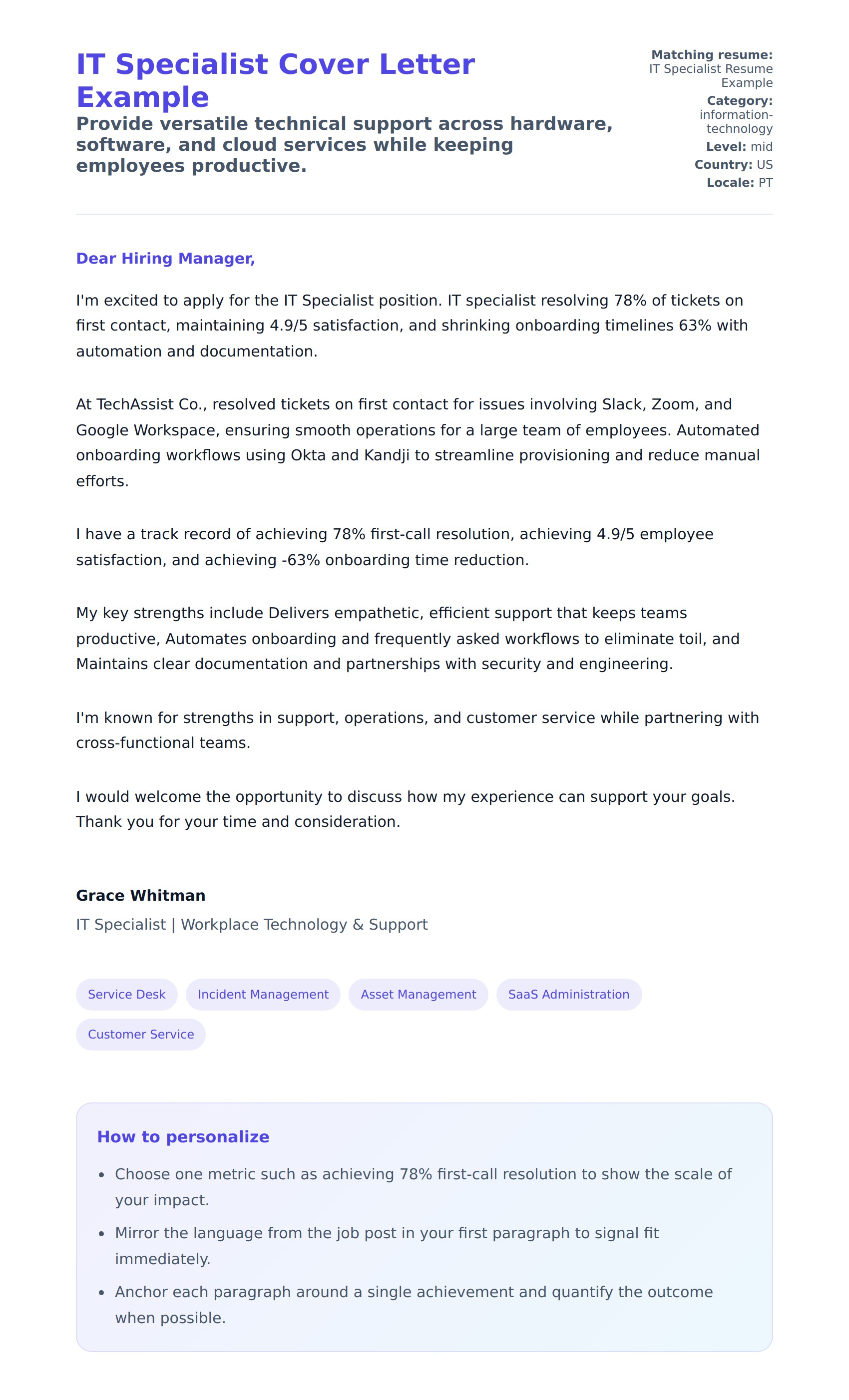 Cover Letter preview for IT Specialist Cover Letter Example