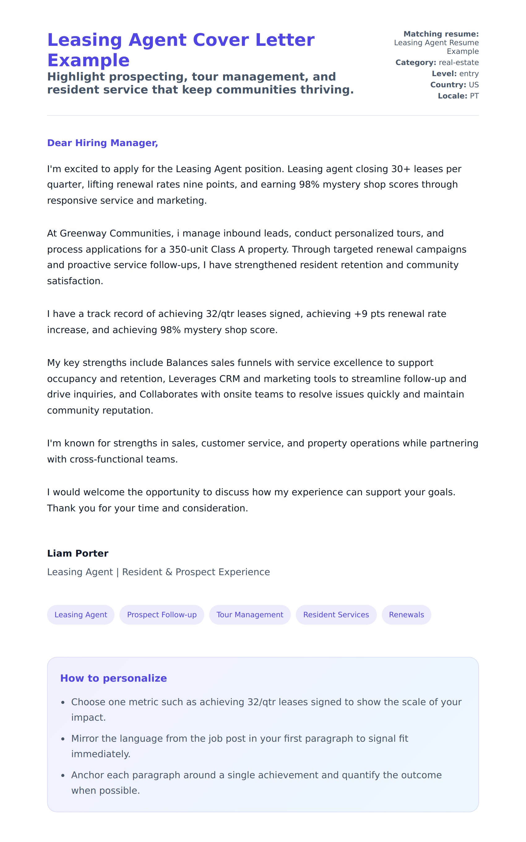 Cover Letter preview for Leasing Agent Cover Letter Example
