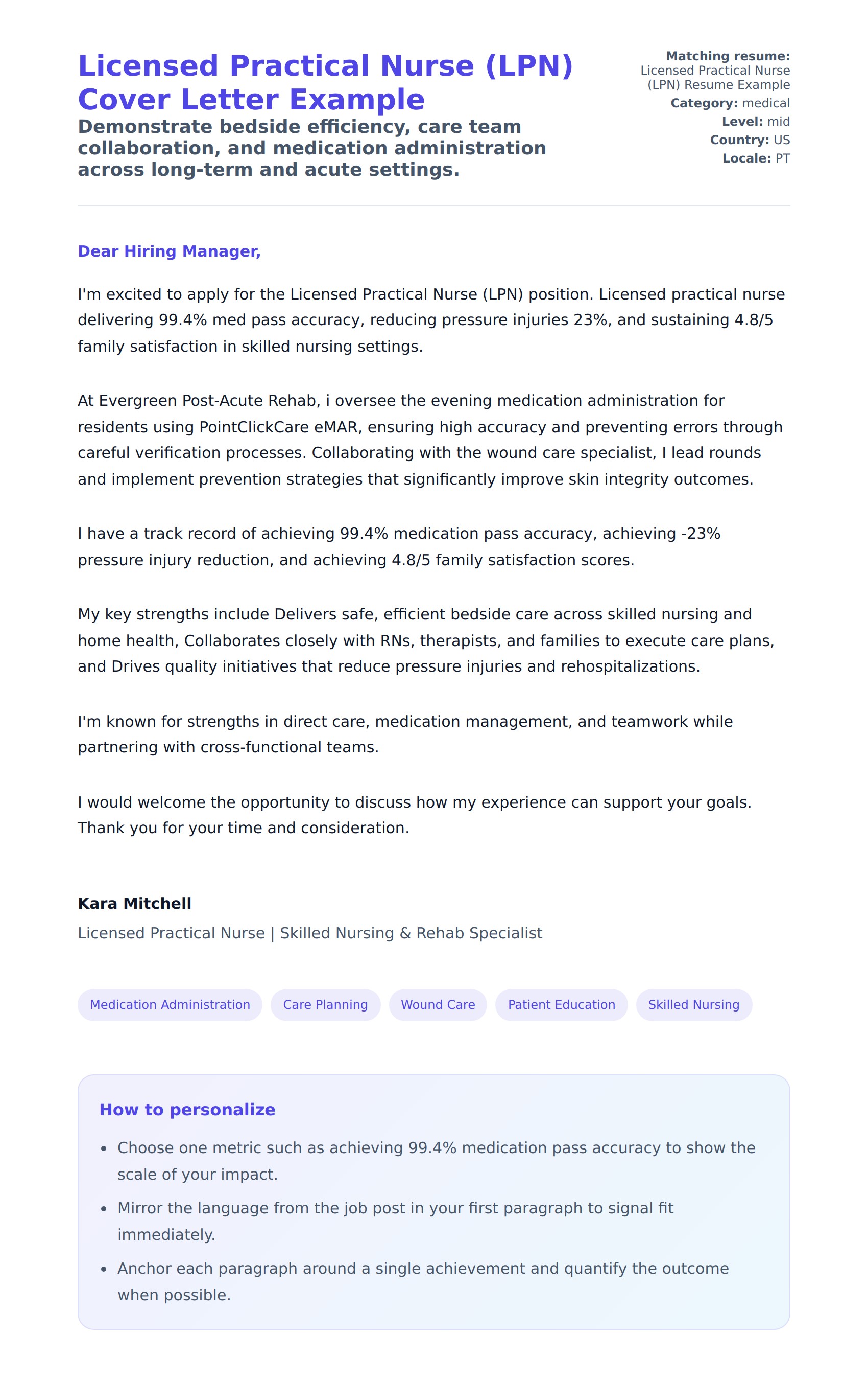 Cover Letter preview for Licensed Practical Nurse (LPN) Cover Letter Example