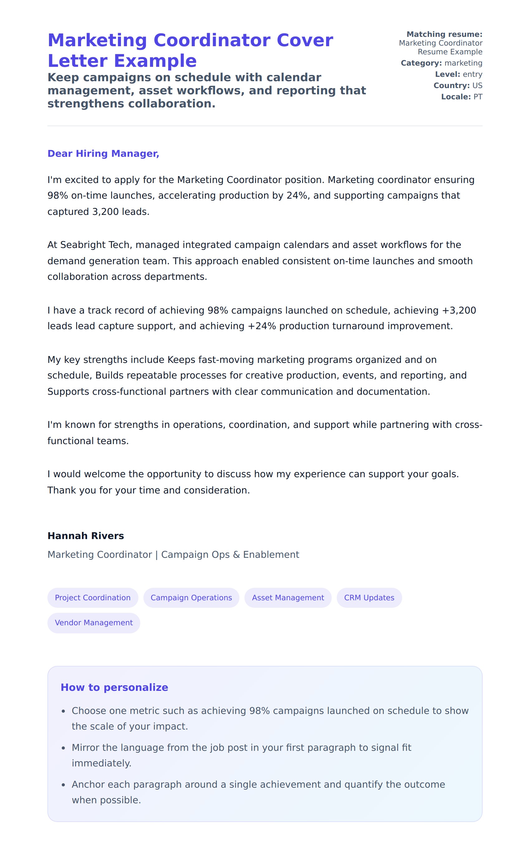 Cover Letter preview for Marketing Coordinator Cover Letter Example