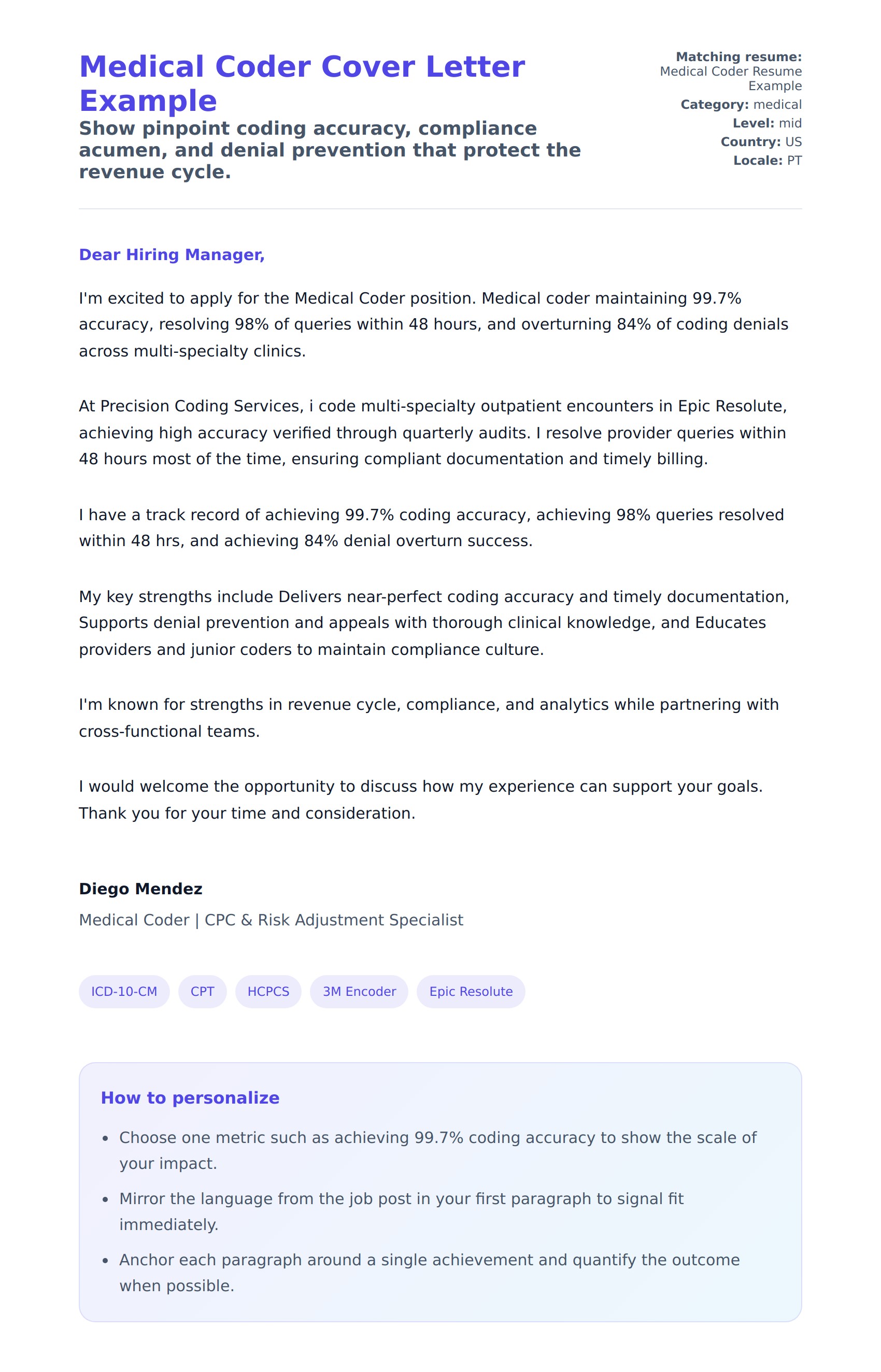 Cover Letter preview for Medical Coder Cover Letter Example