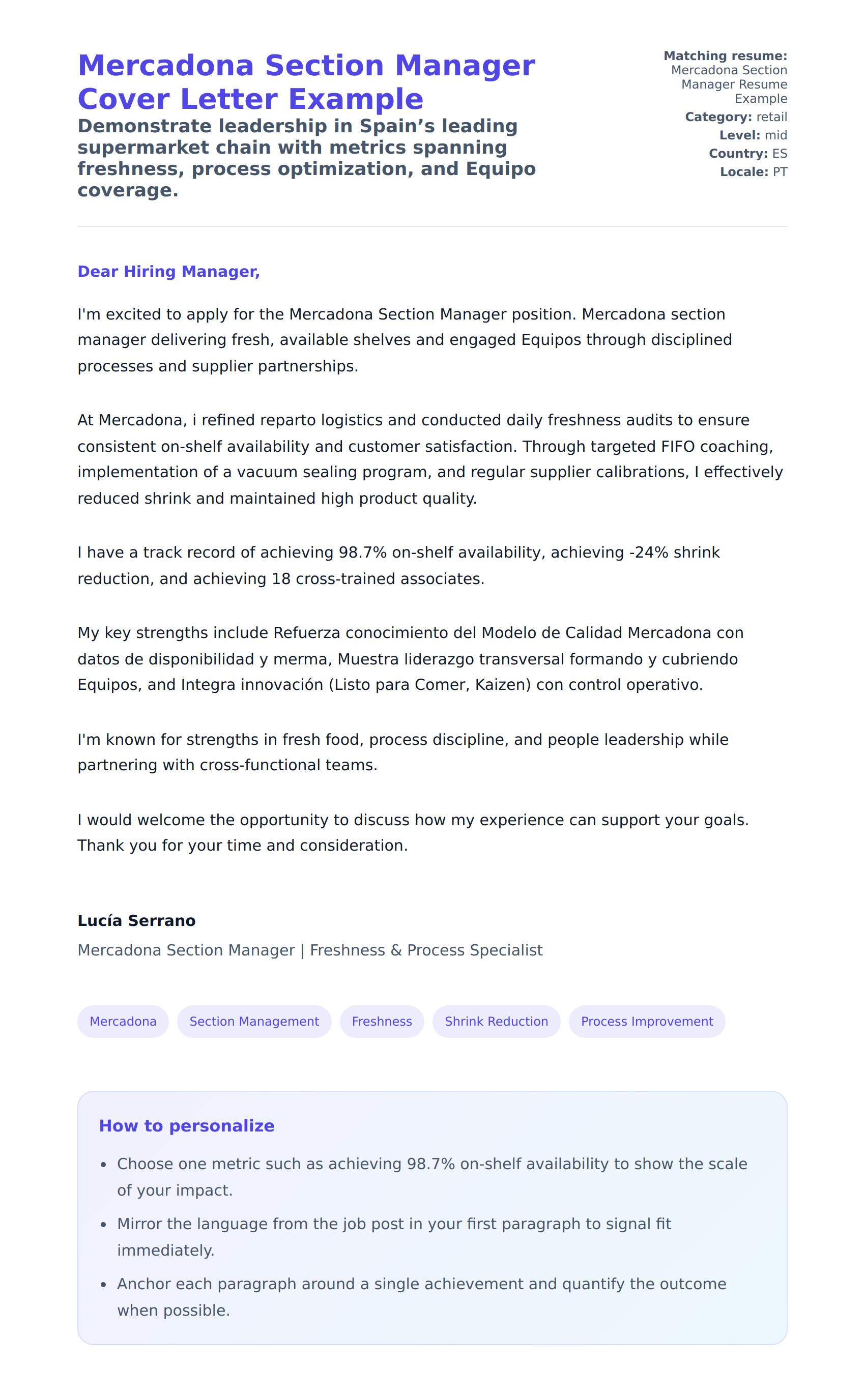 Cover Letter preview for Mercadona Section Manager Cover Letter Example