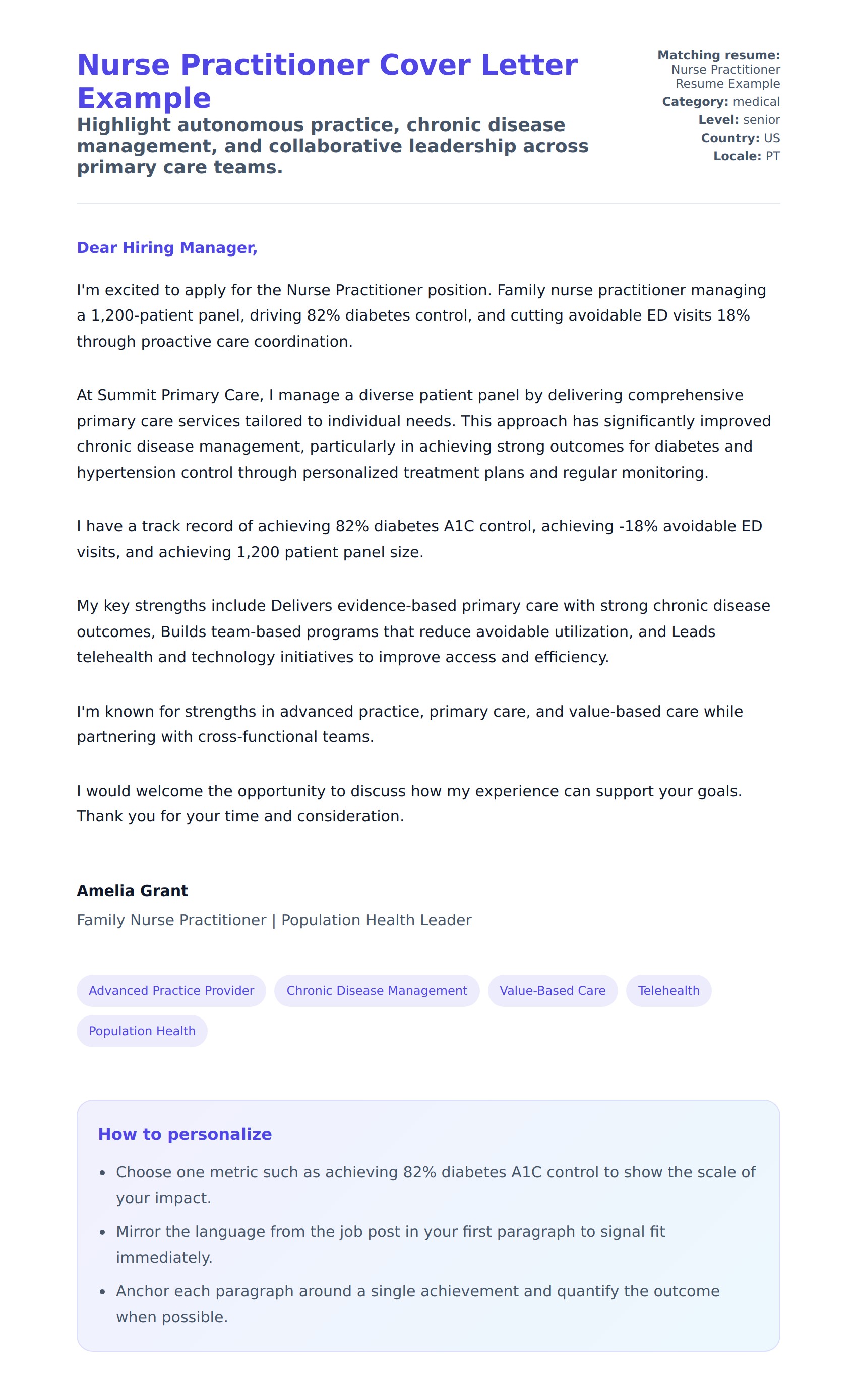 Cover Letter preview for Nurse Practitioner Cover Letter Example