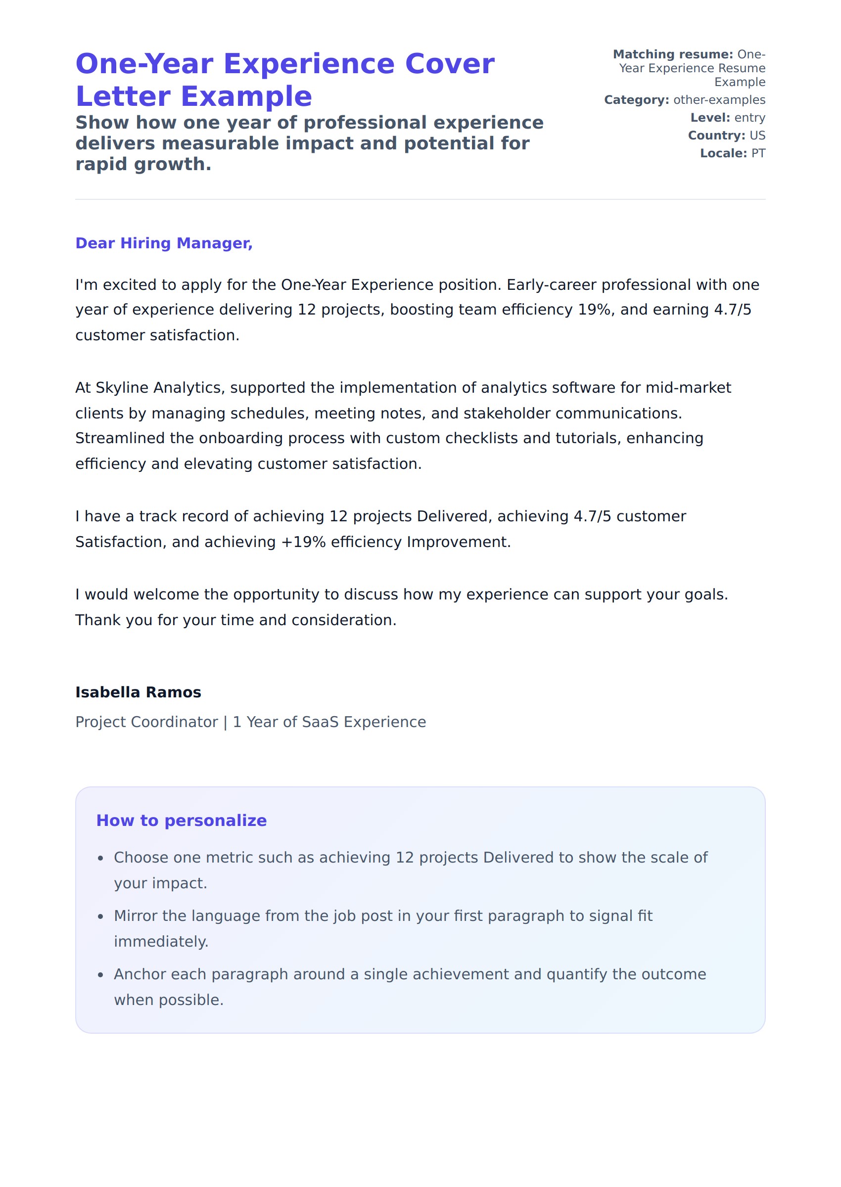 Cover Letter preview for One-Year Experience Cover Letter Example