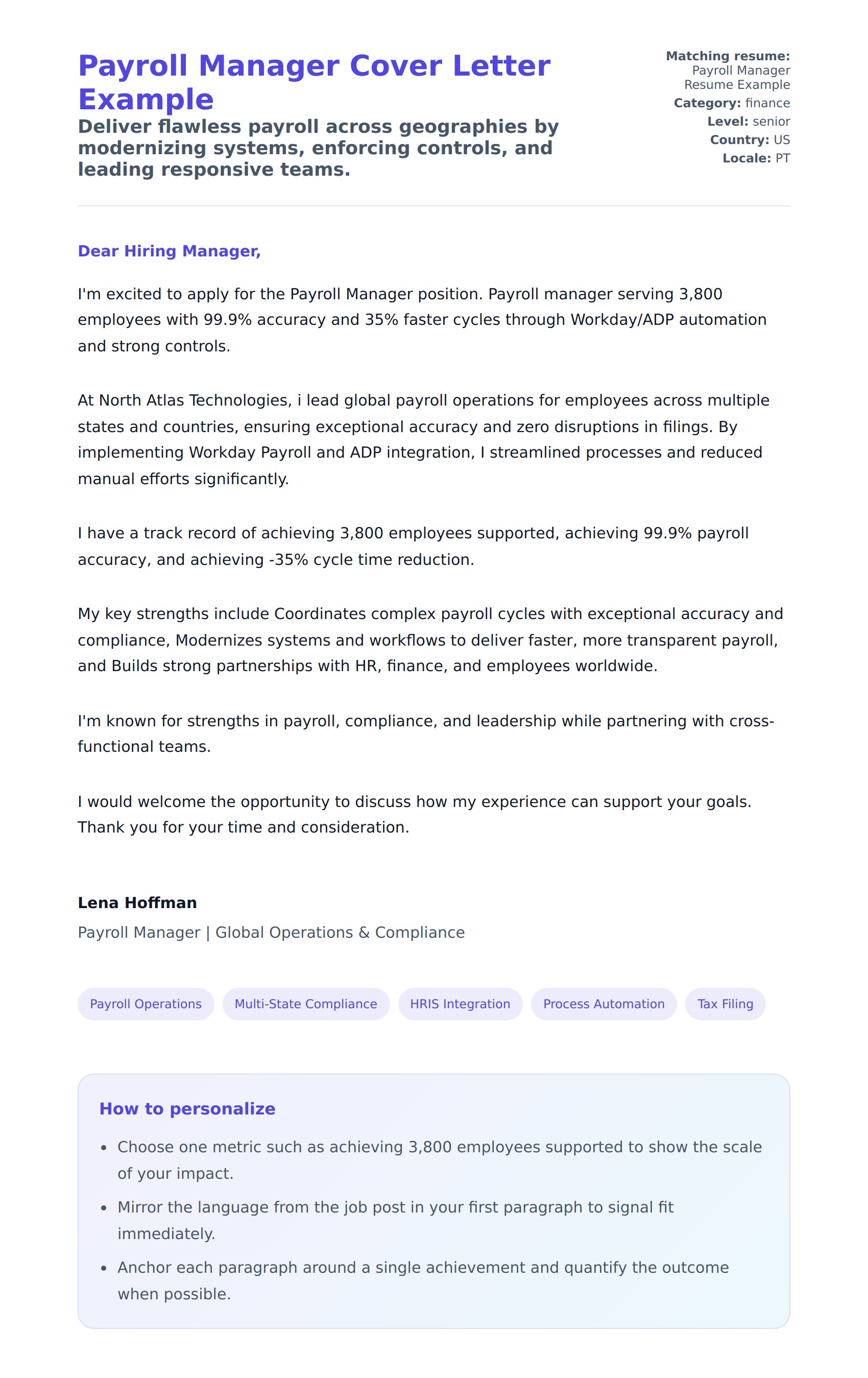 Cover Letter preview for Payroll Manager Cover Letter Example