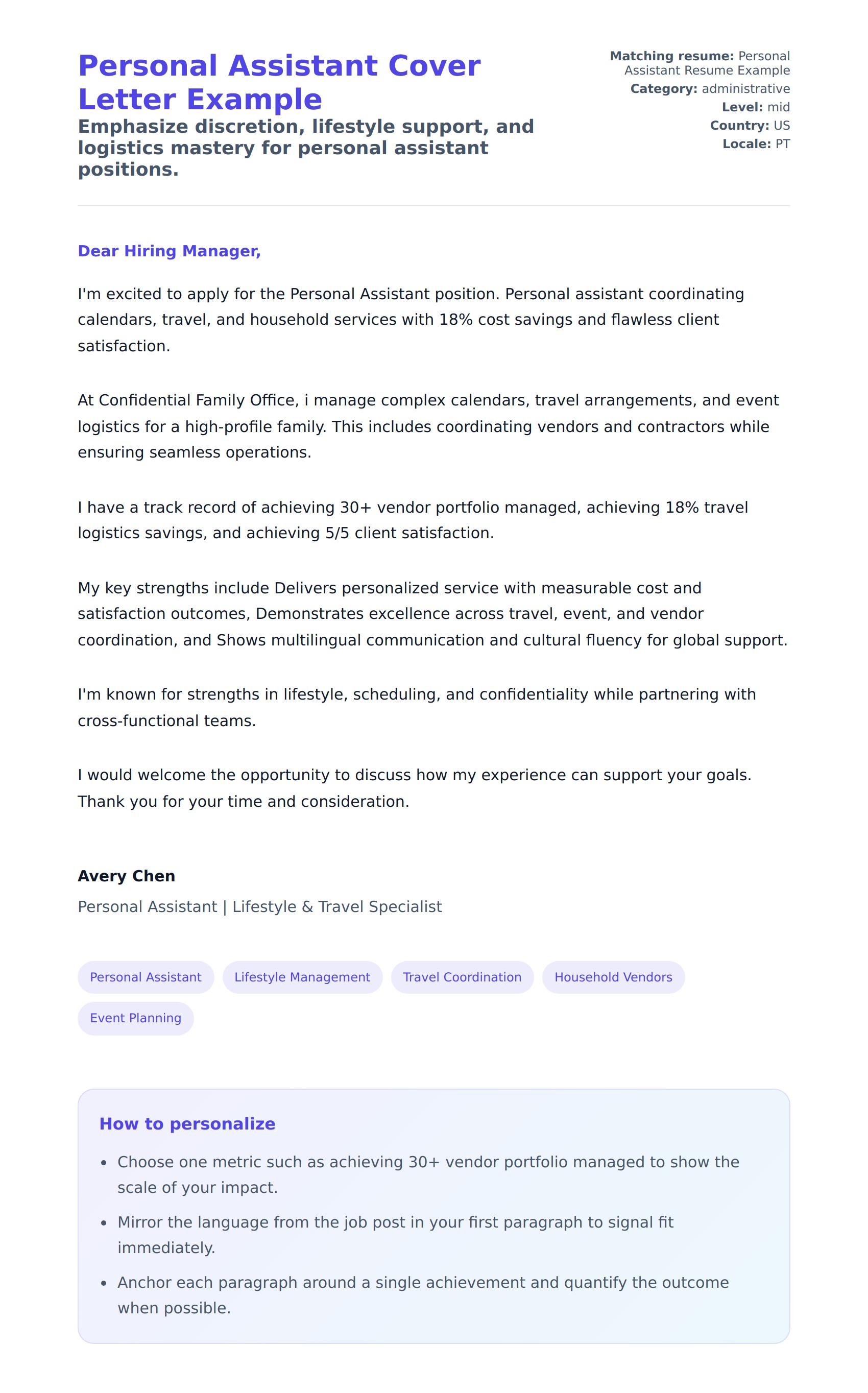Cover Letter preview for Personal Assistant Cover Letter Example
