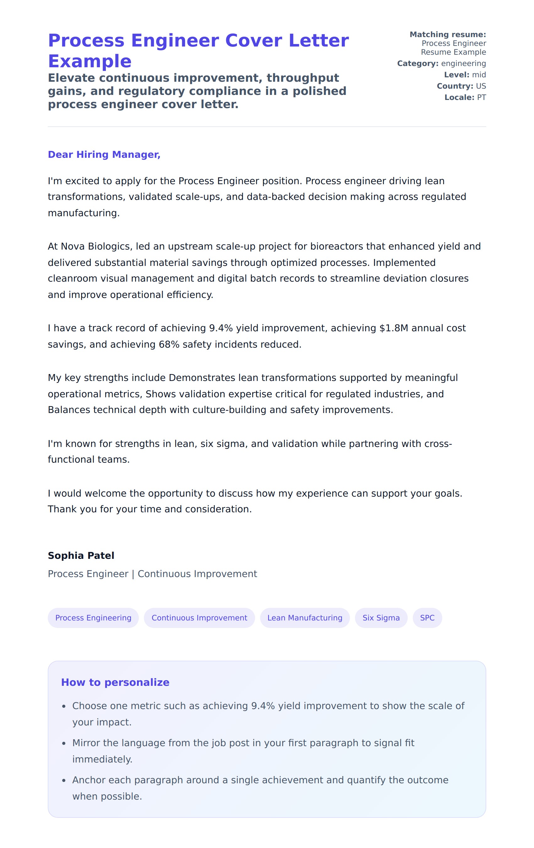 Cover Letter preview for Process Engineer Cover Letter Example