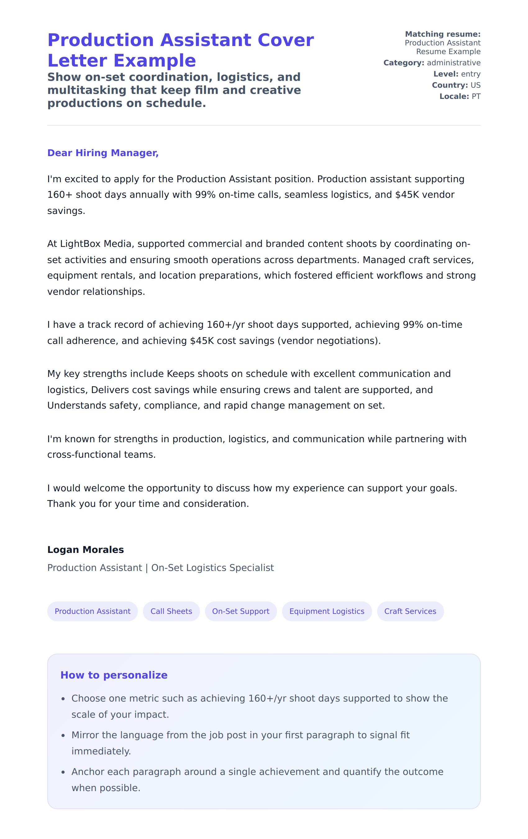 Cover Letter preview for Production Assistant Cover Letter Example
