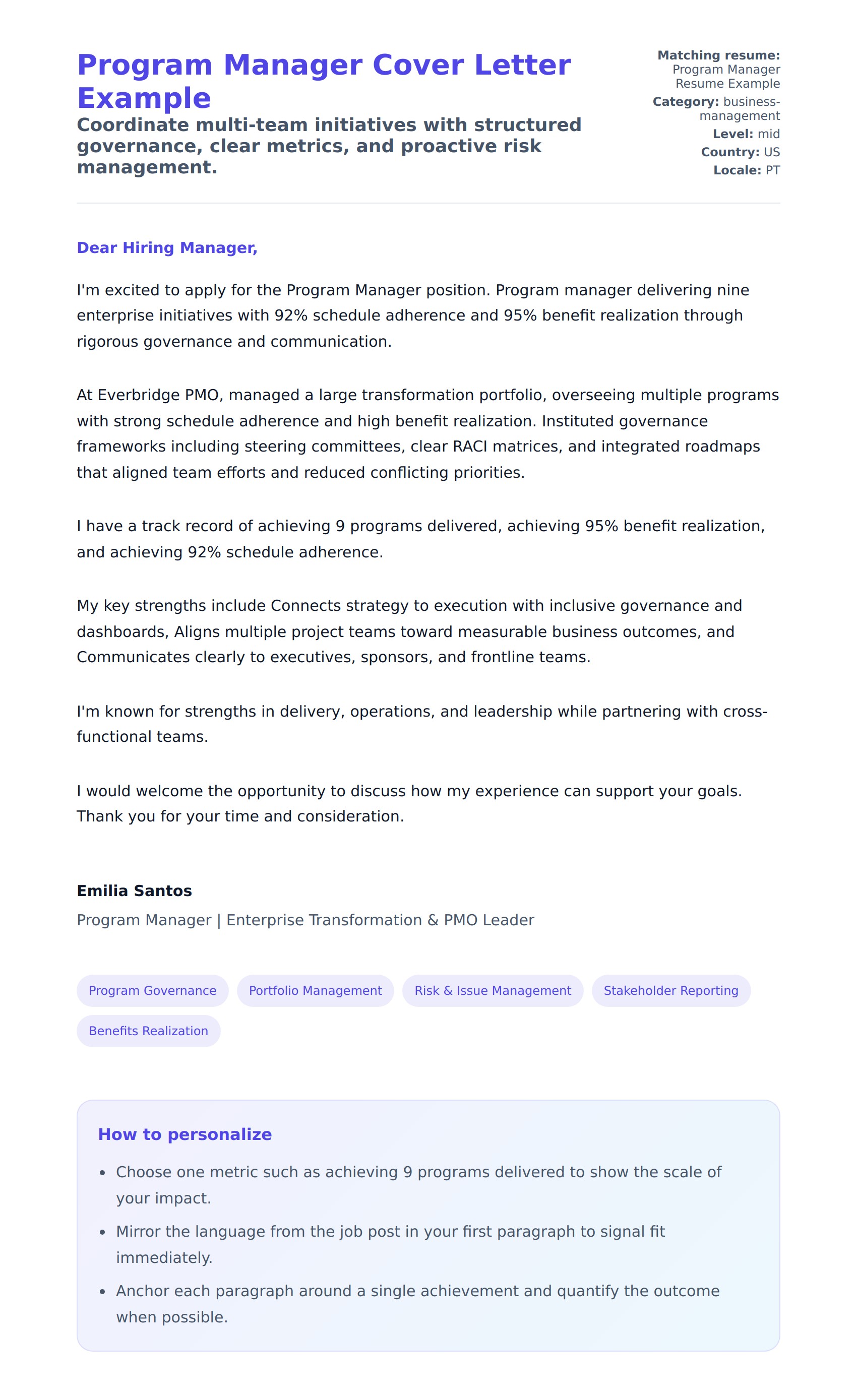 Cover Letter preview for Program Manager Cover Letter Example