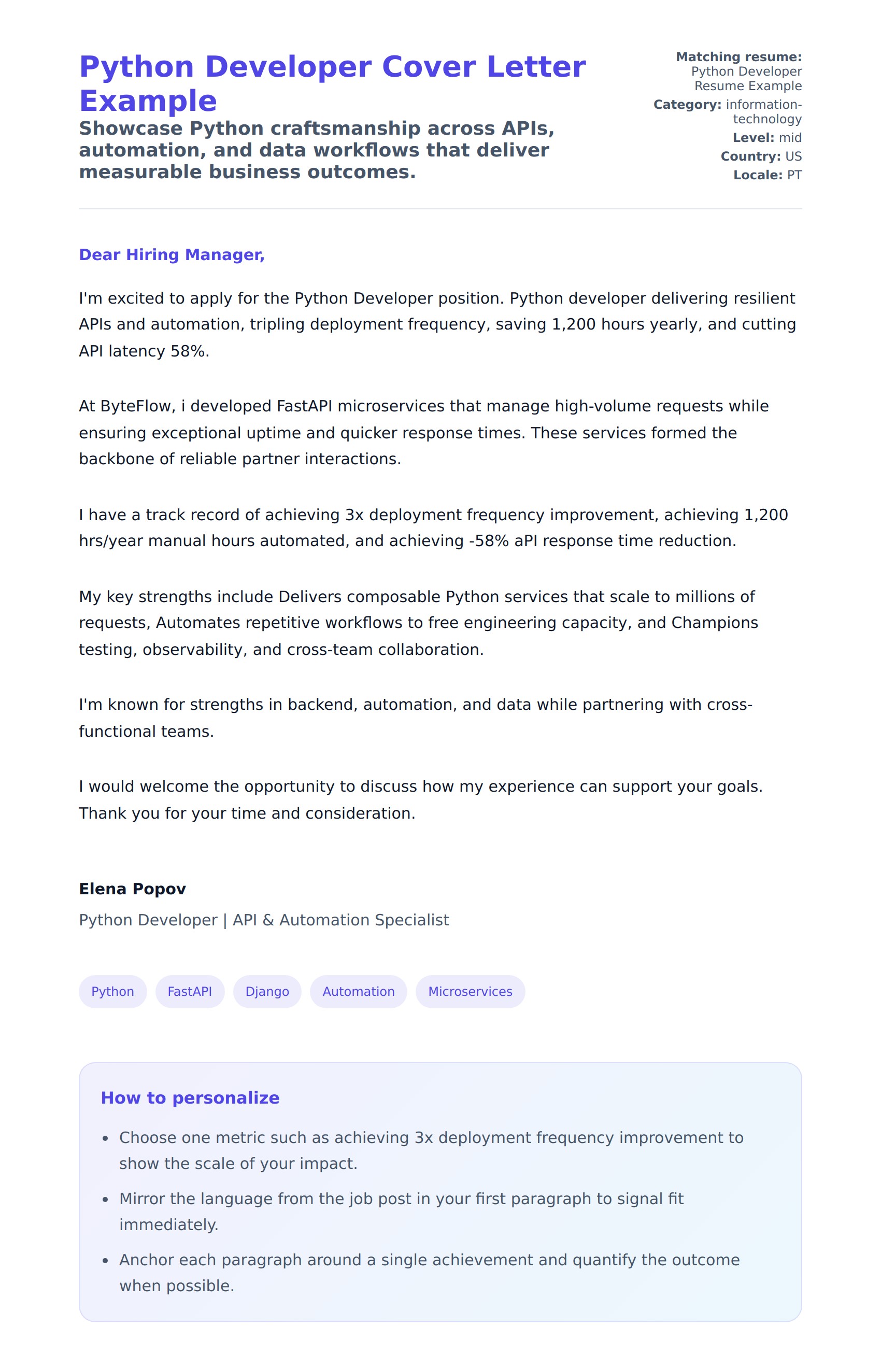Cover Letter preview for Python Developer Cover Letter Example