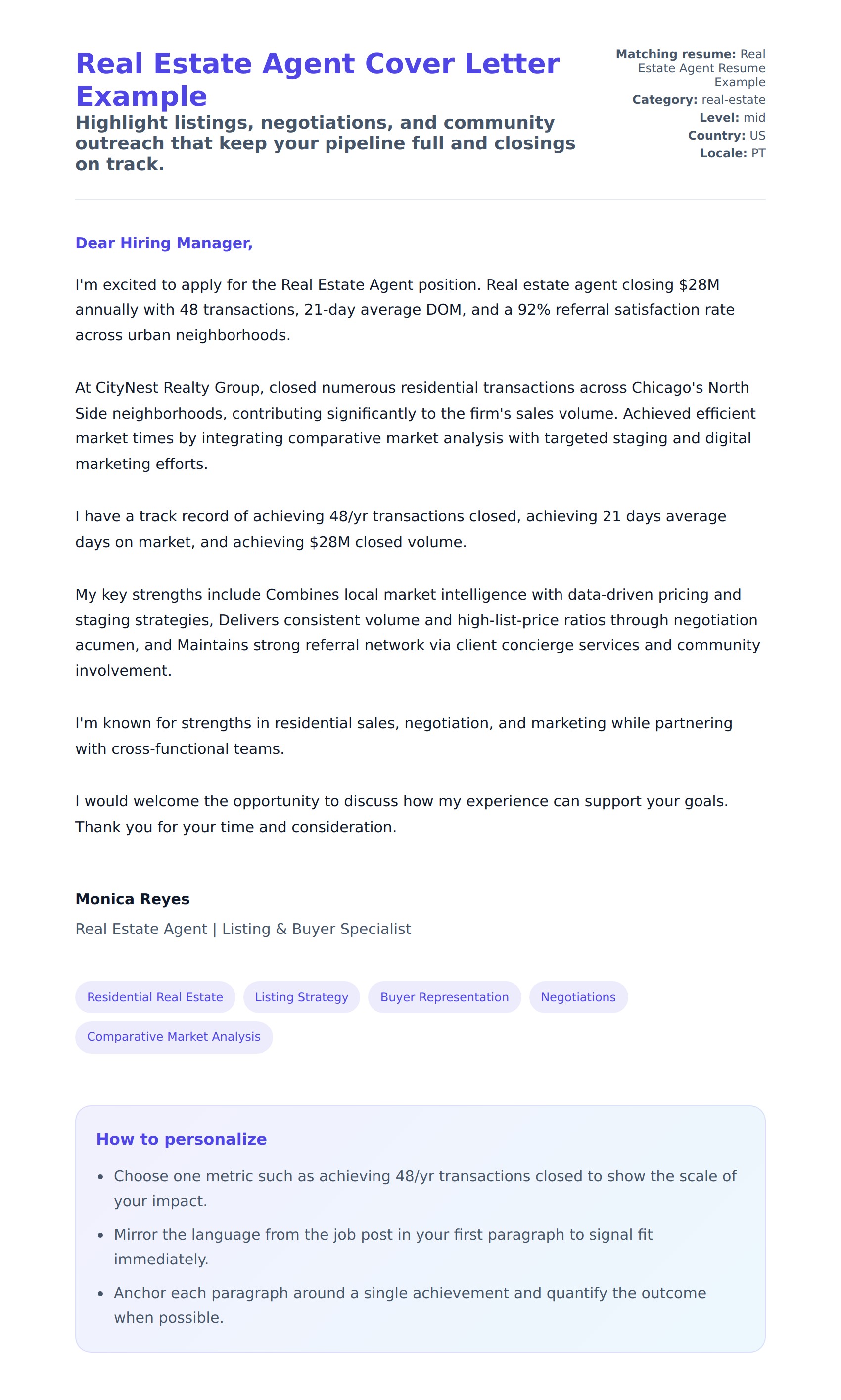 Cover Letter preview for Real Estate Agent Cover Letter Example