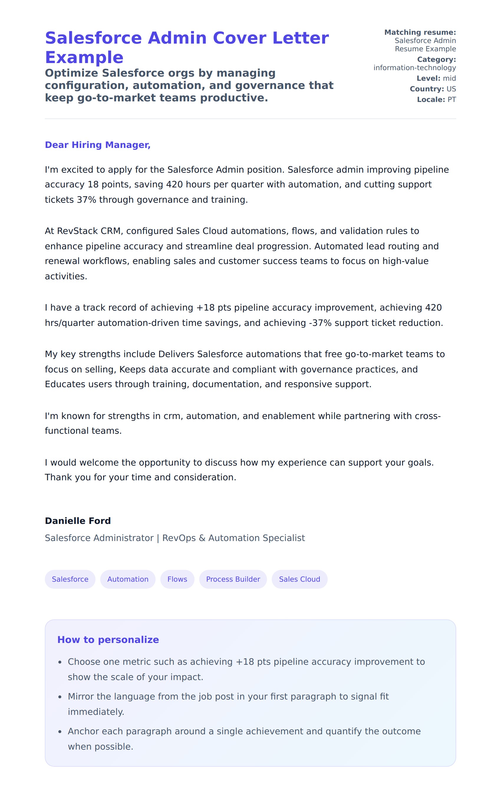 Cover Letter preview for Salesforce Admin Cover Letter Example