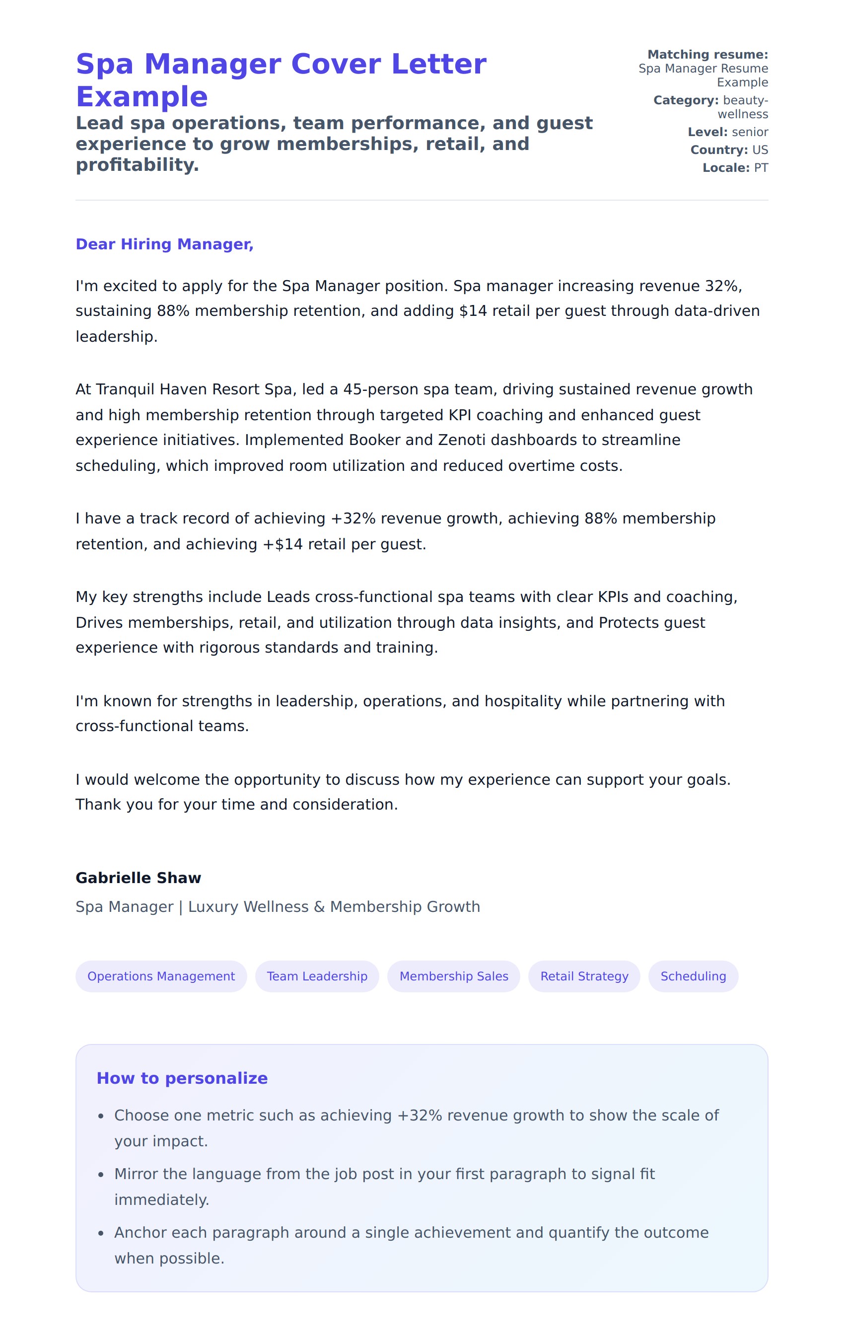 Cover Letter preview for Spa Manager Cover Letter Example