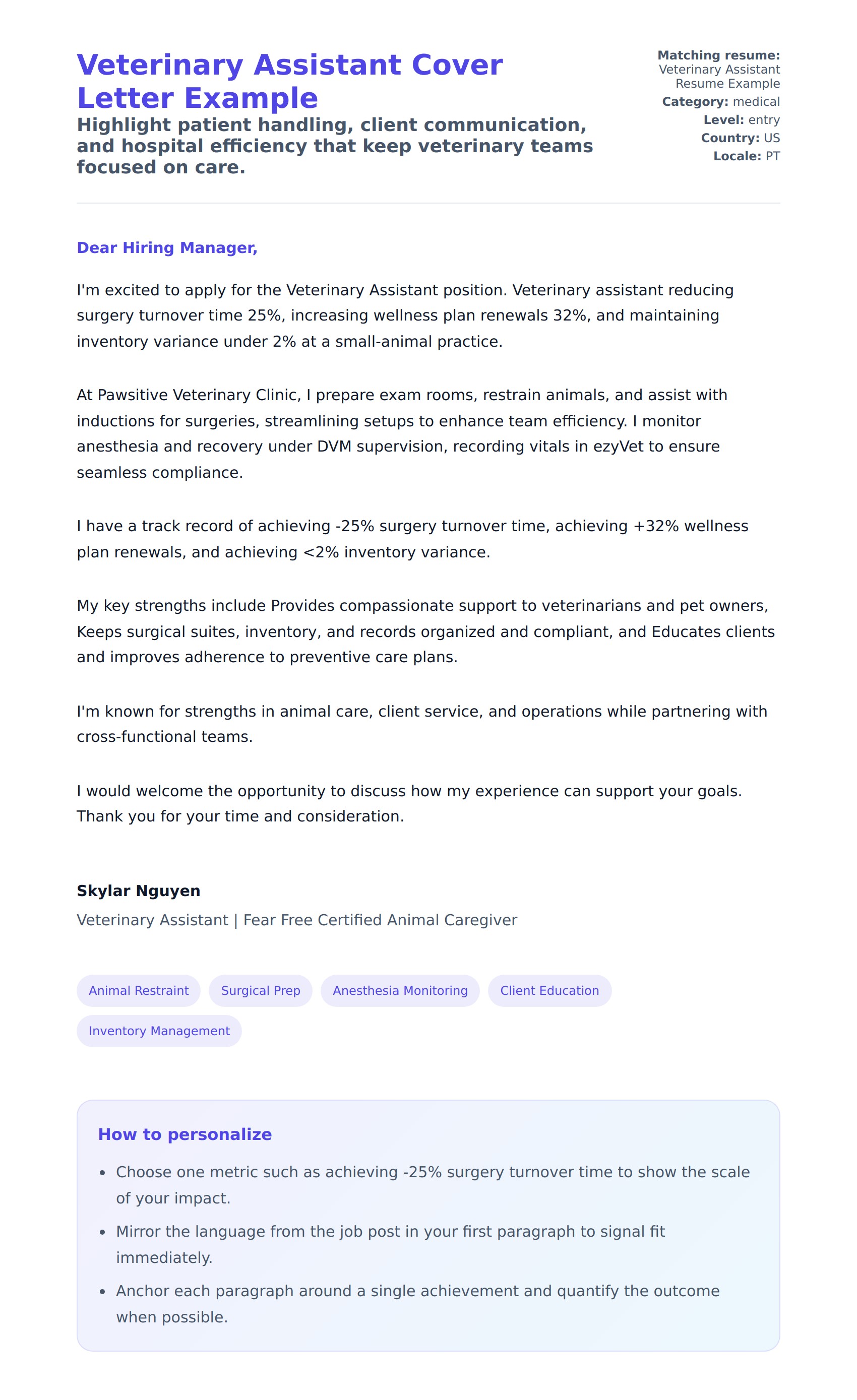Cover Letter preview for Veterinary Assistant Cover Letter Example
