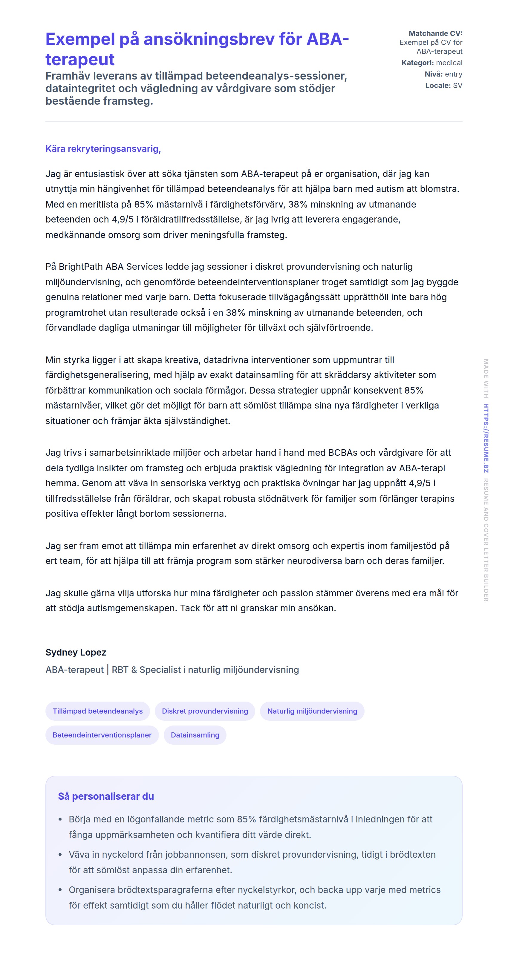 Förhandsgranskning av motivationsbrev för Exempel på ansökningsbrev för ABA-terapeut