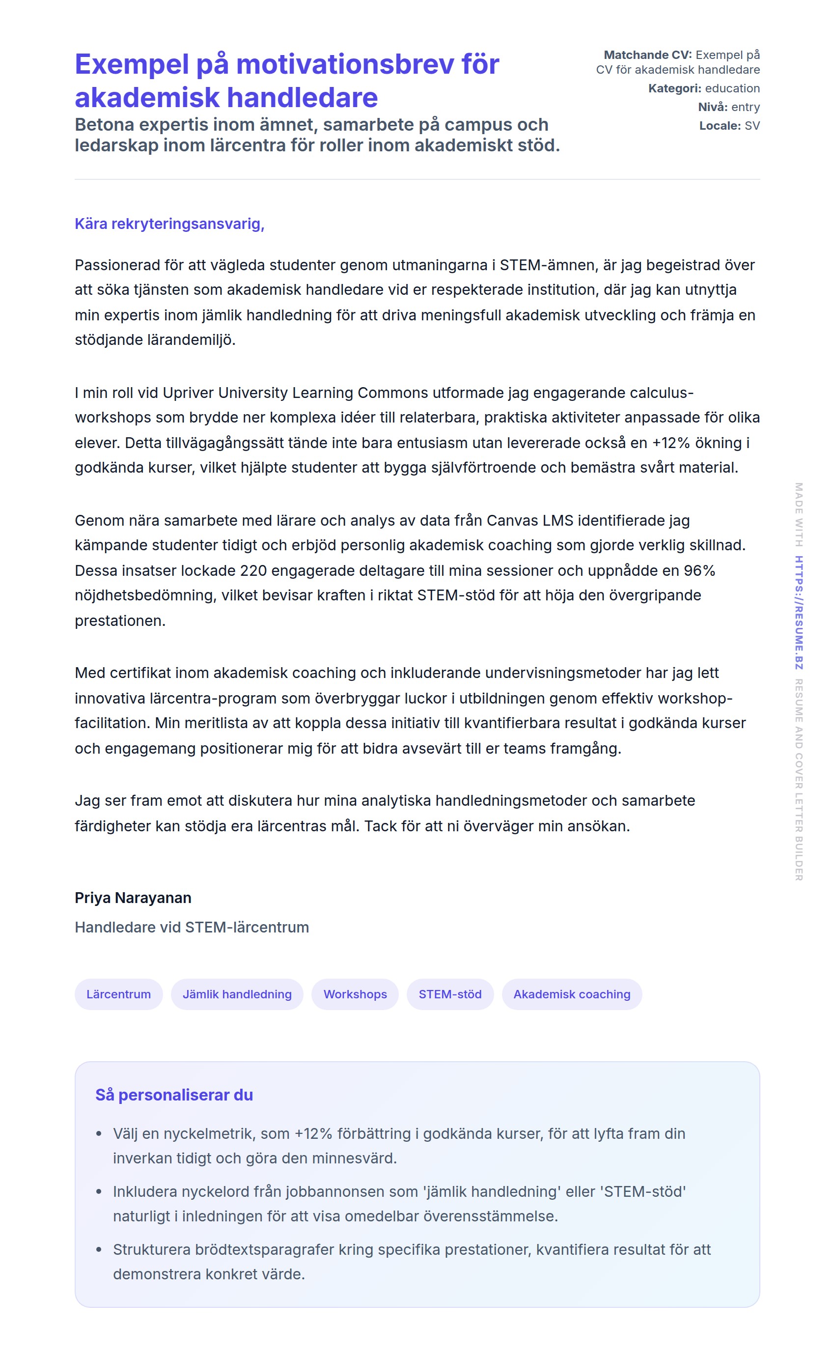 Förhandsgranskning av motivationsbrev för Exempel på motivationsbrev för akademisk handledare