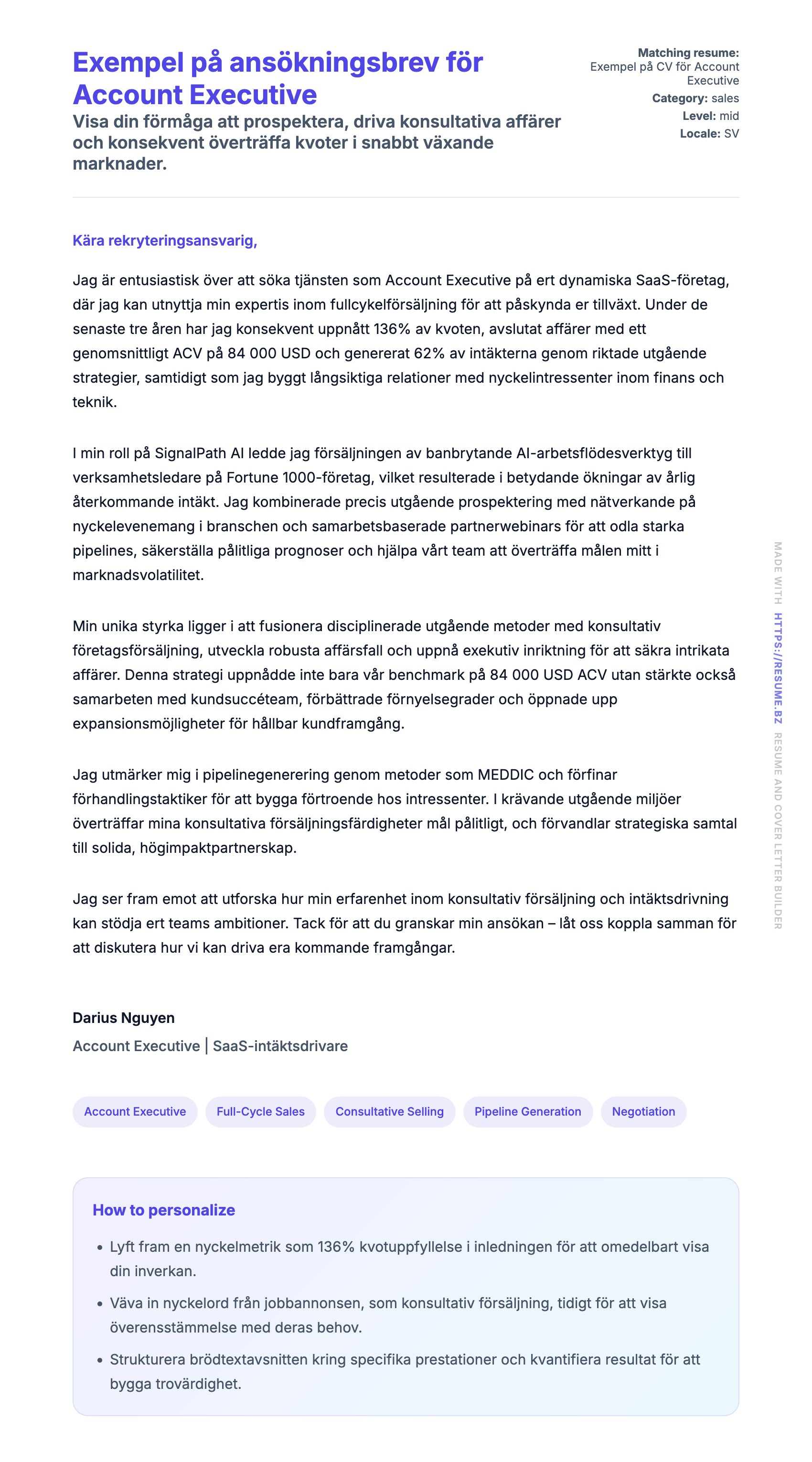 Förhandsgranskning av motivationsbrev för Exempel på ansökningsbrev för Account Executive