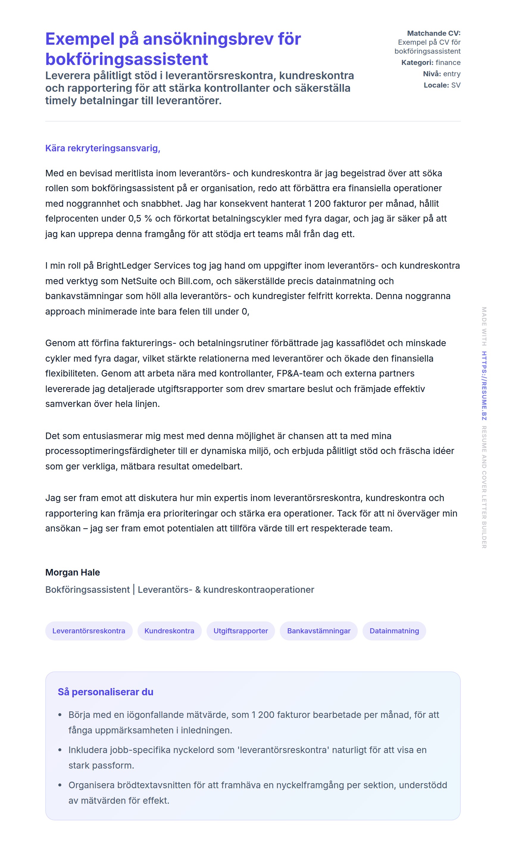 Förhandsgranskning av motivationsbrev för Exempel på ansökningsbrev för bokföringsassistent