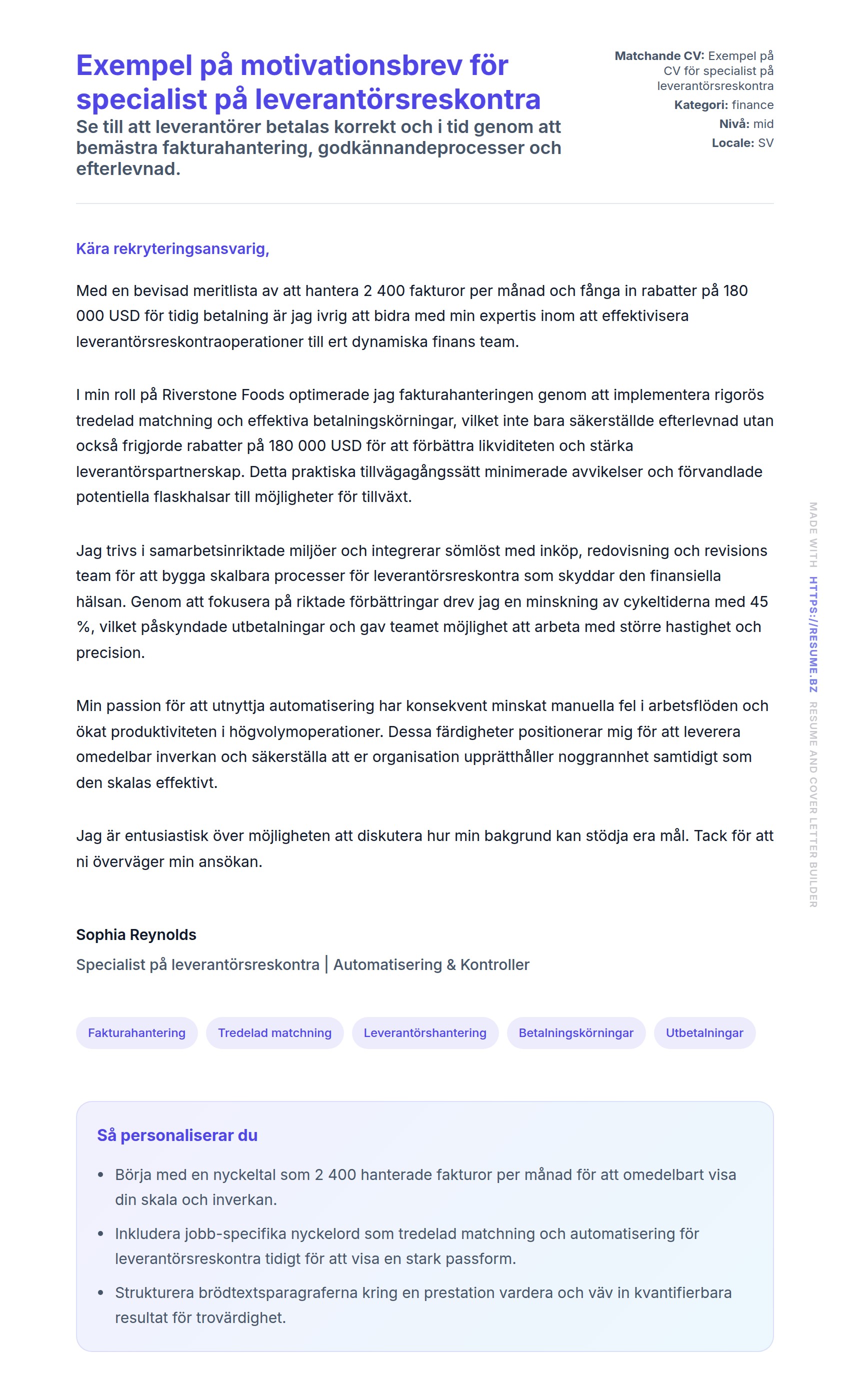 Förhandsgranskning av motivationsbrev för Exempel på motivationsbrev för specialist på leverantörsreskontra