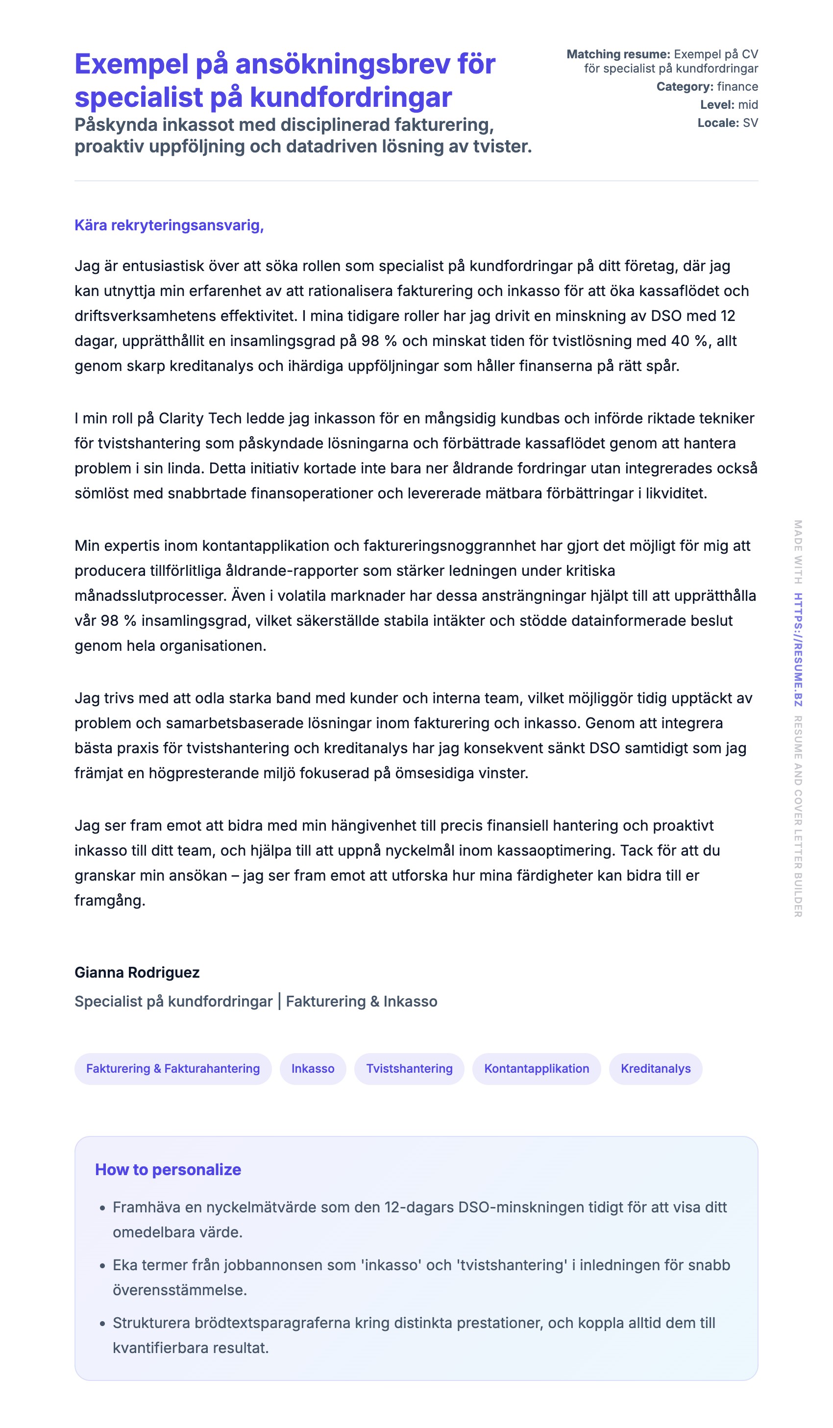 Förhandsgranskning av motivationsbrev för Exempel på ansökningsbrev för specialist på kundfordringar