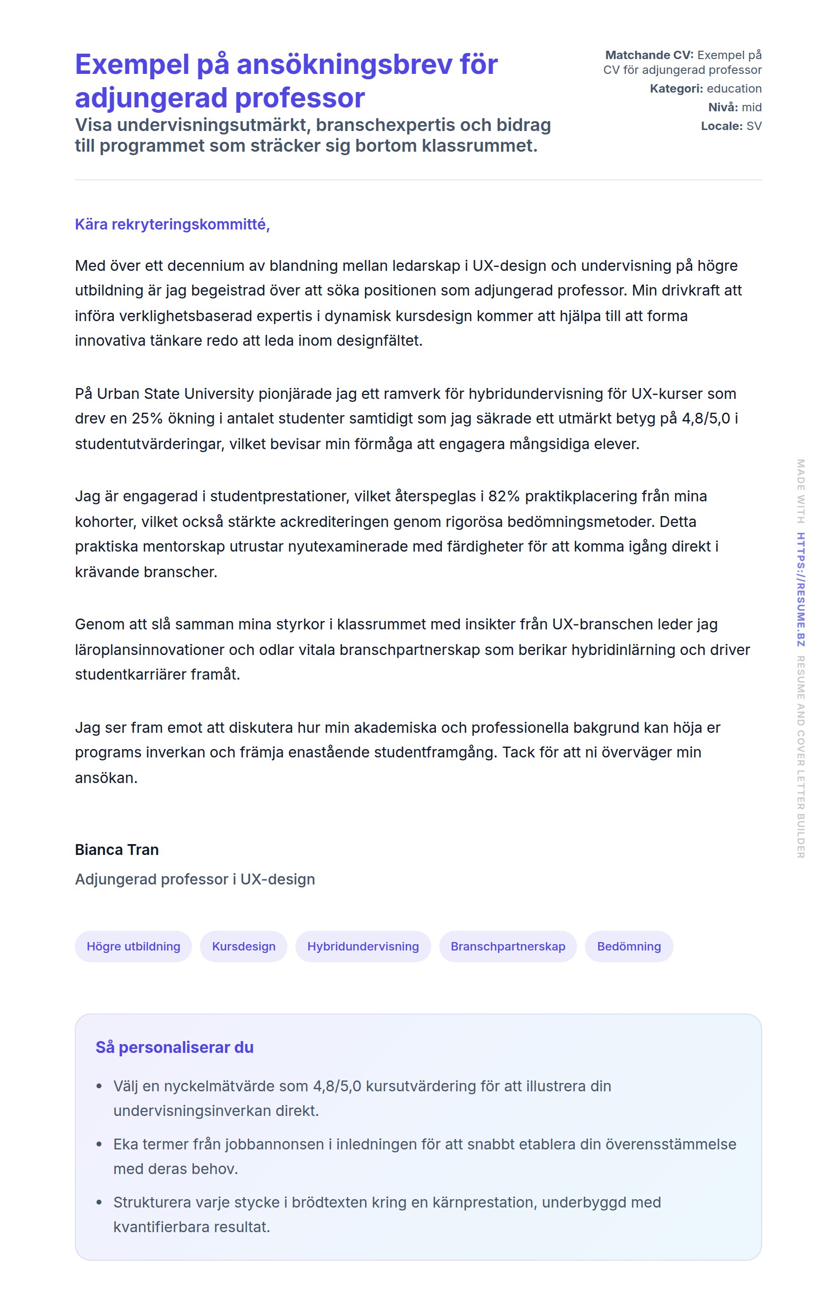 Förhandsgranskning av motivationsbrev för Exempel på ansökningsbrev för adjungerad professor