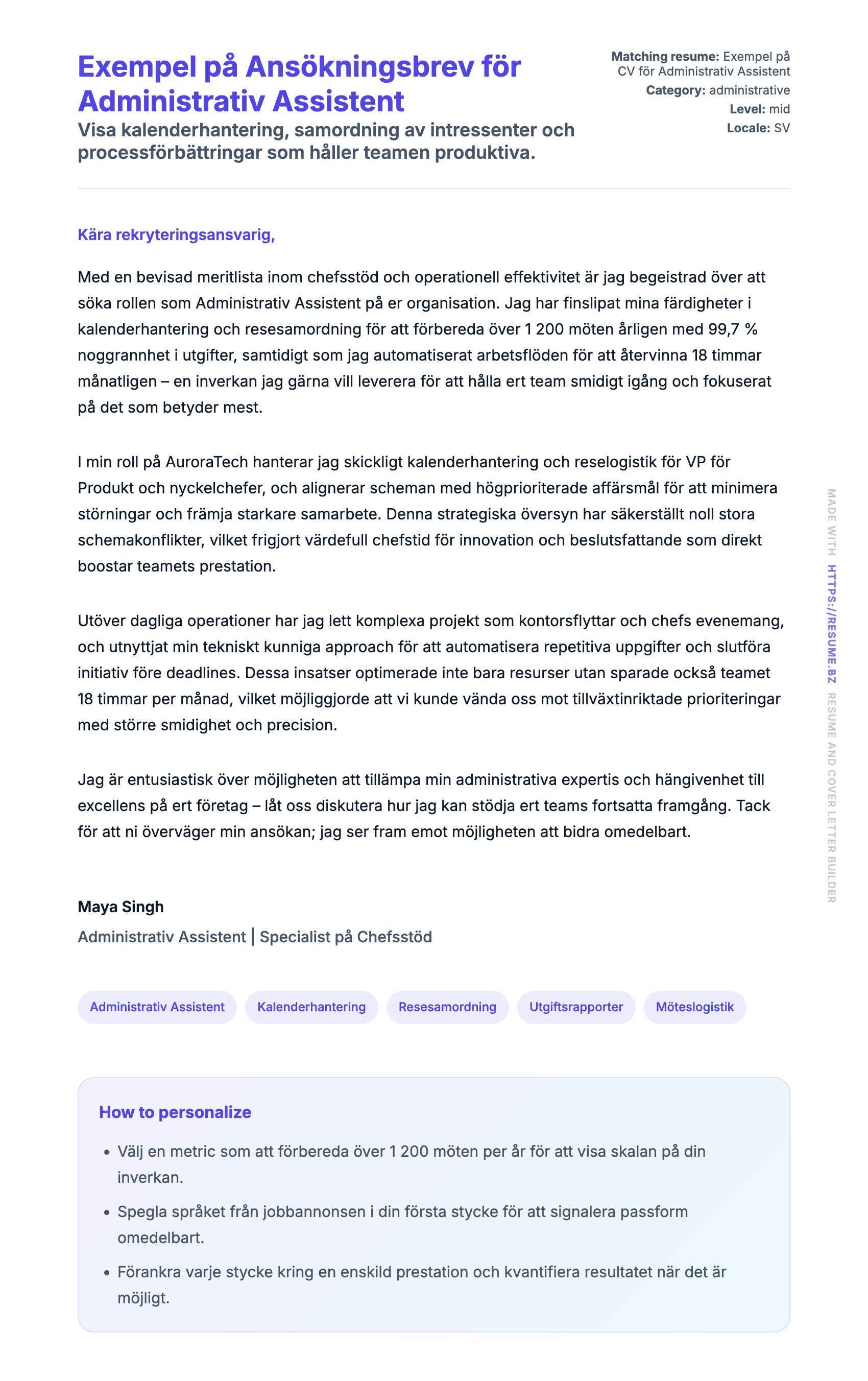 Förhandsgranskning av motivationsbrev för Exempel på Ansökningsbrev för Administrativ Assistent