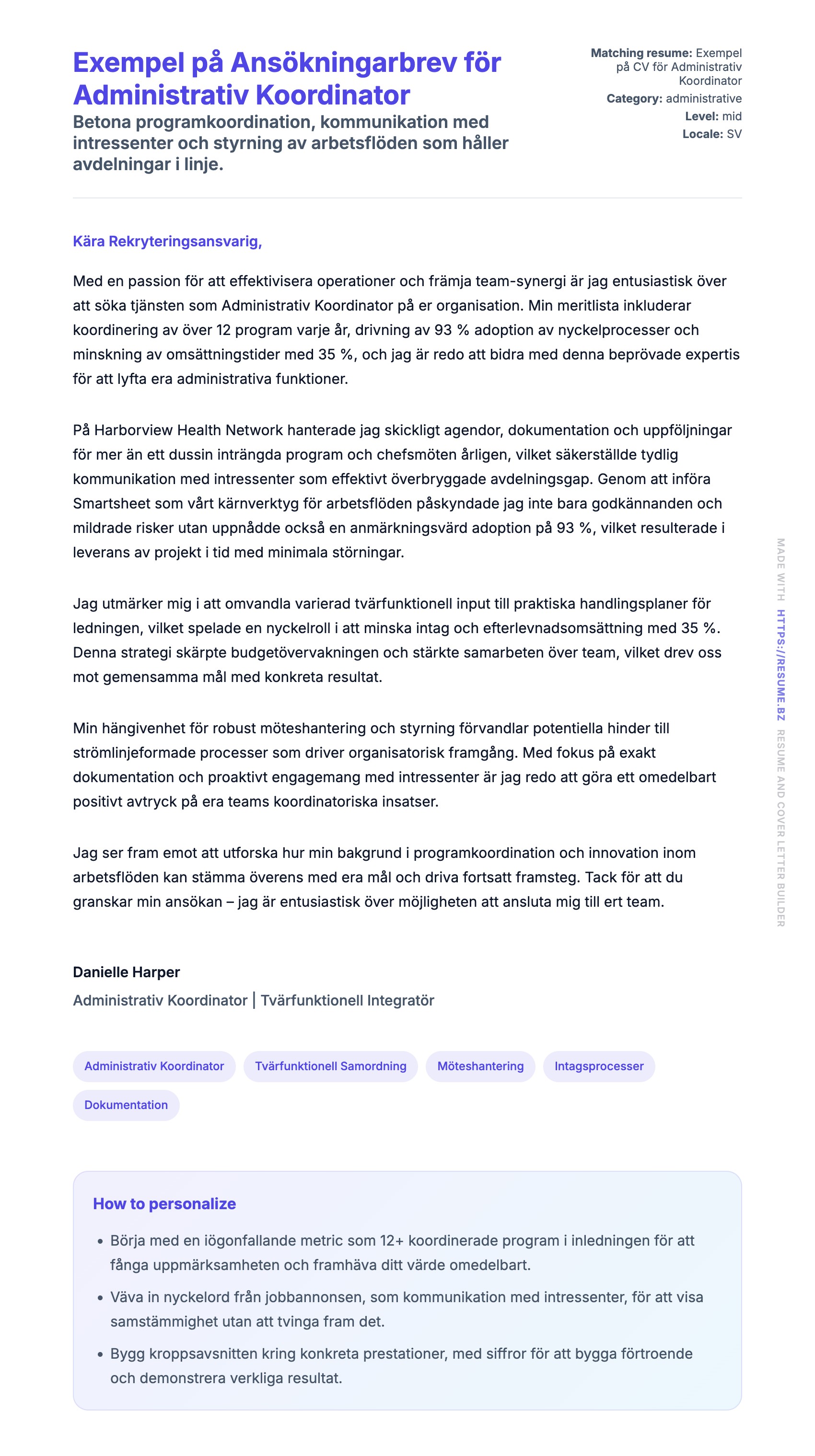 Förhandsgranskning av motivationsbrev för Exempel på Ansökningarbrev för Administrativ Koordinator