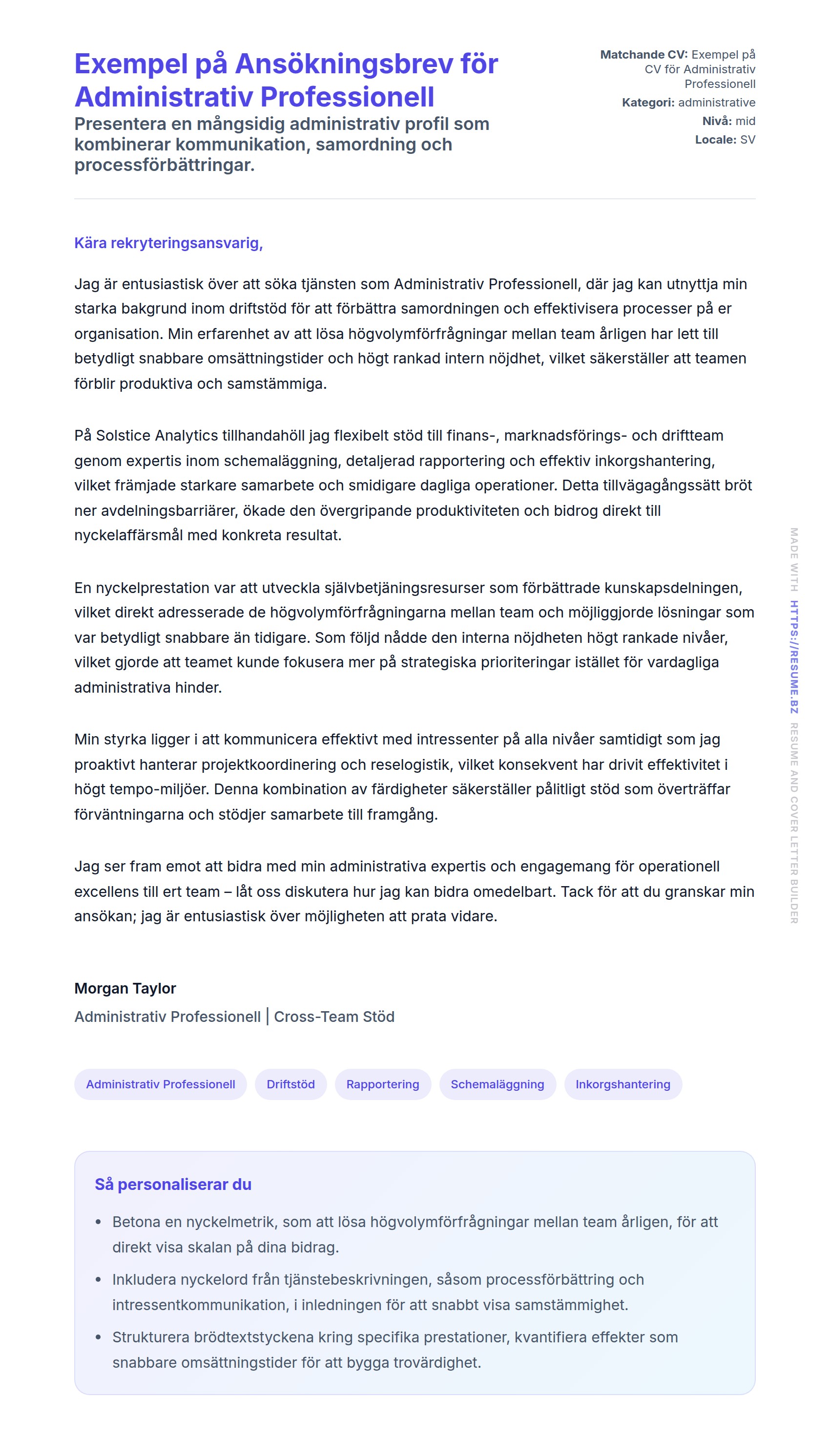 Förhandsgranskning av motivationsbrev för Exempel på Ansökningsbrev för Administrativ Professionell