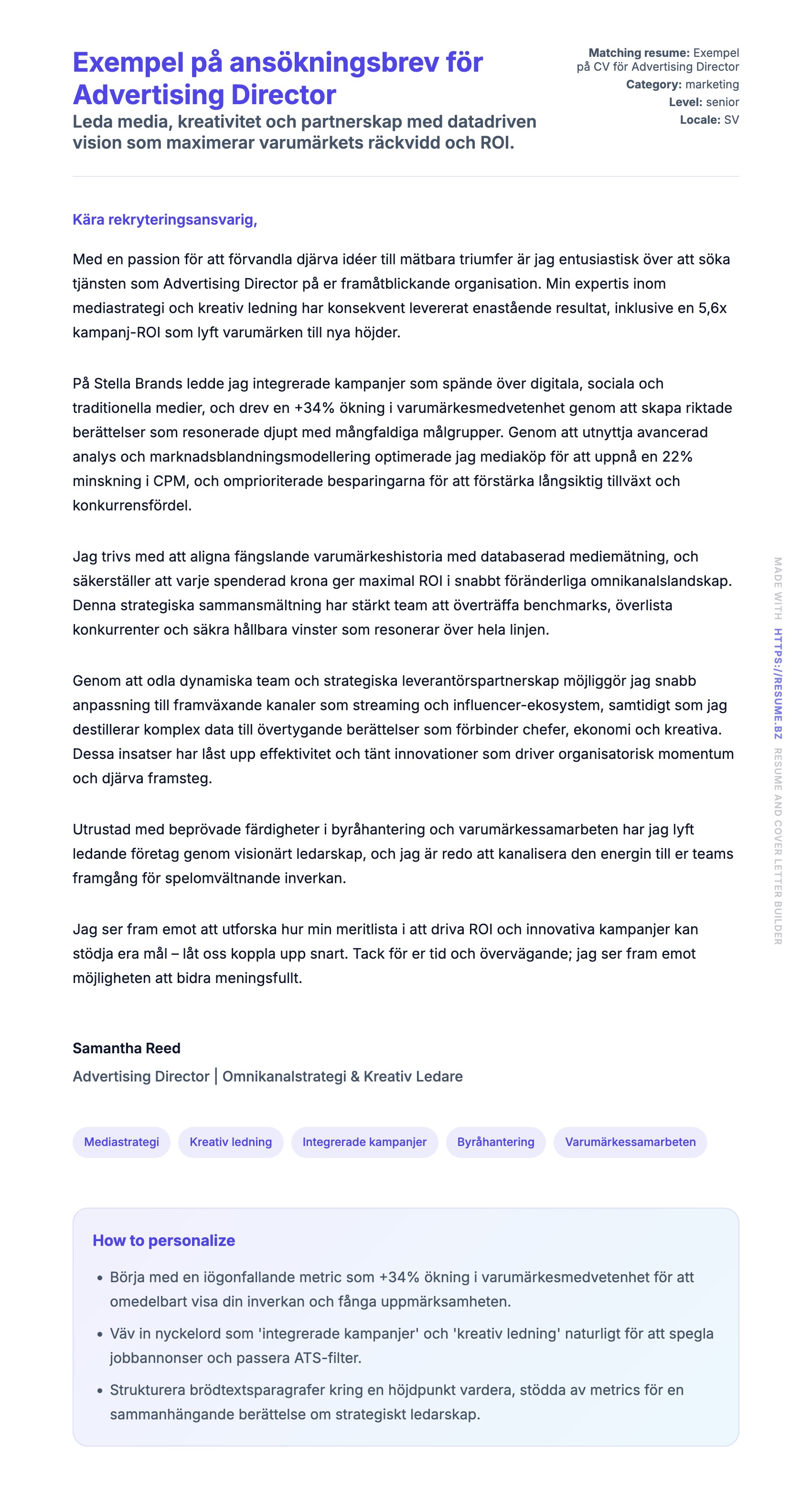 Förhandsgranskning av motivationsbrev för Exempel på ansökningsbrev för Advertising Director