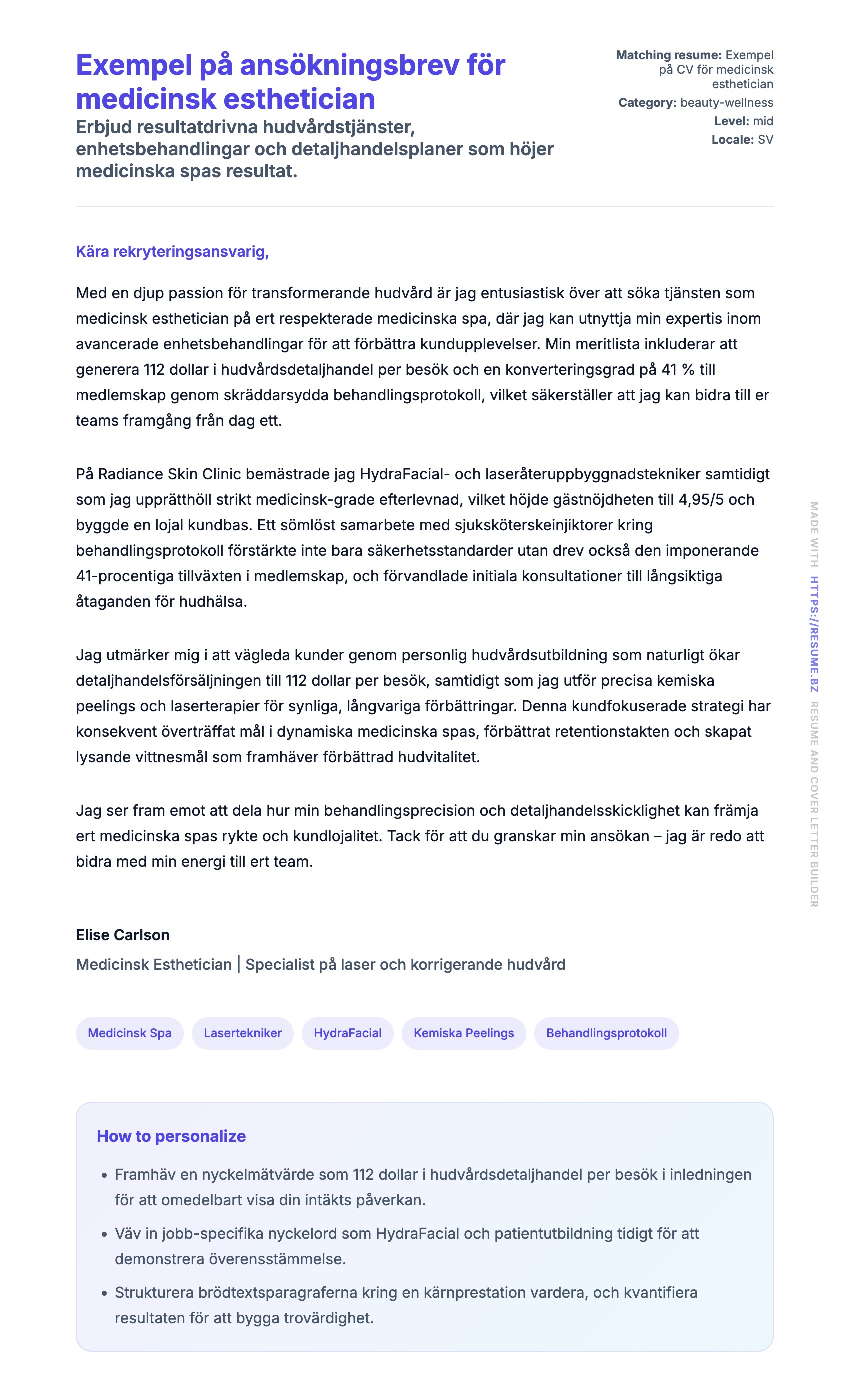 Förhandsgranskning av motivationsbrev för Exempel på ansökningsbrev för medicinsk esthetician
